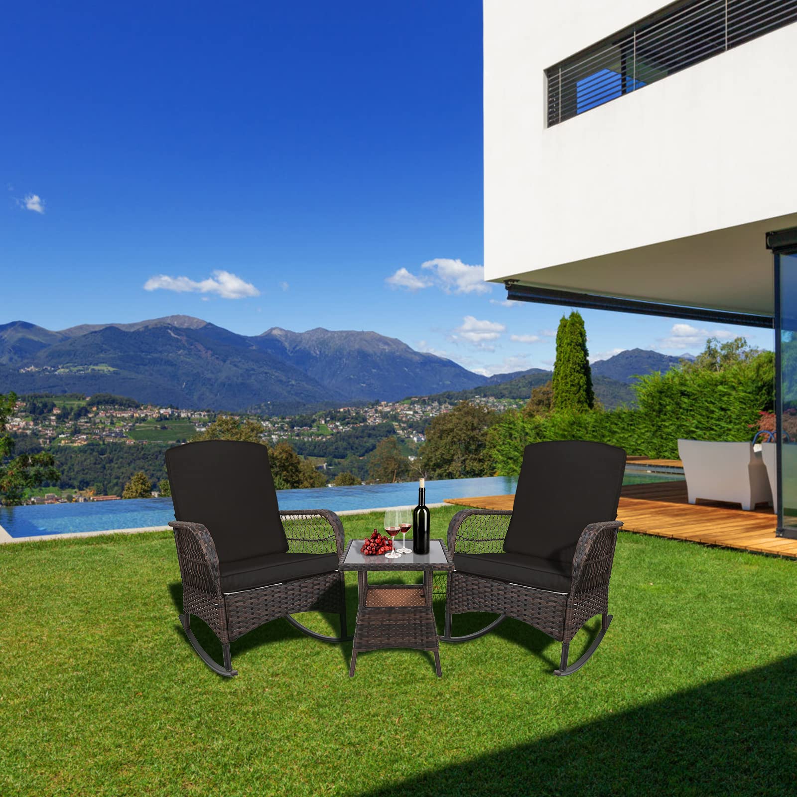 LEVELEVE 3-Piece Outdoor Rocking Bistro Set - PE Wicker Patio Conversation Chairs with Comfortable Rocking Motion (Black) - Perfect for Backyard, Garden, Porch or Poolside Relaxation