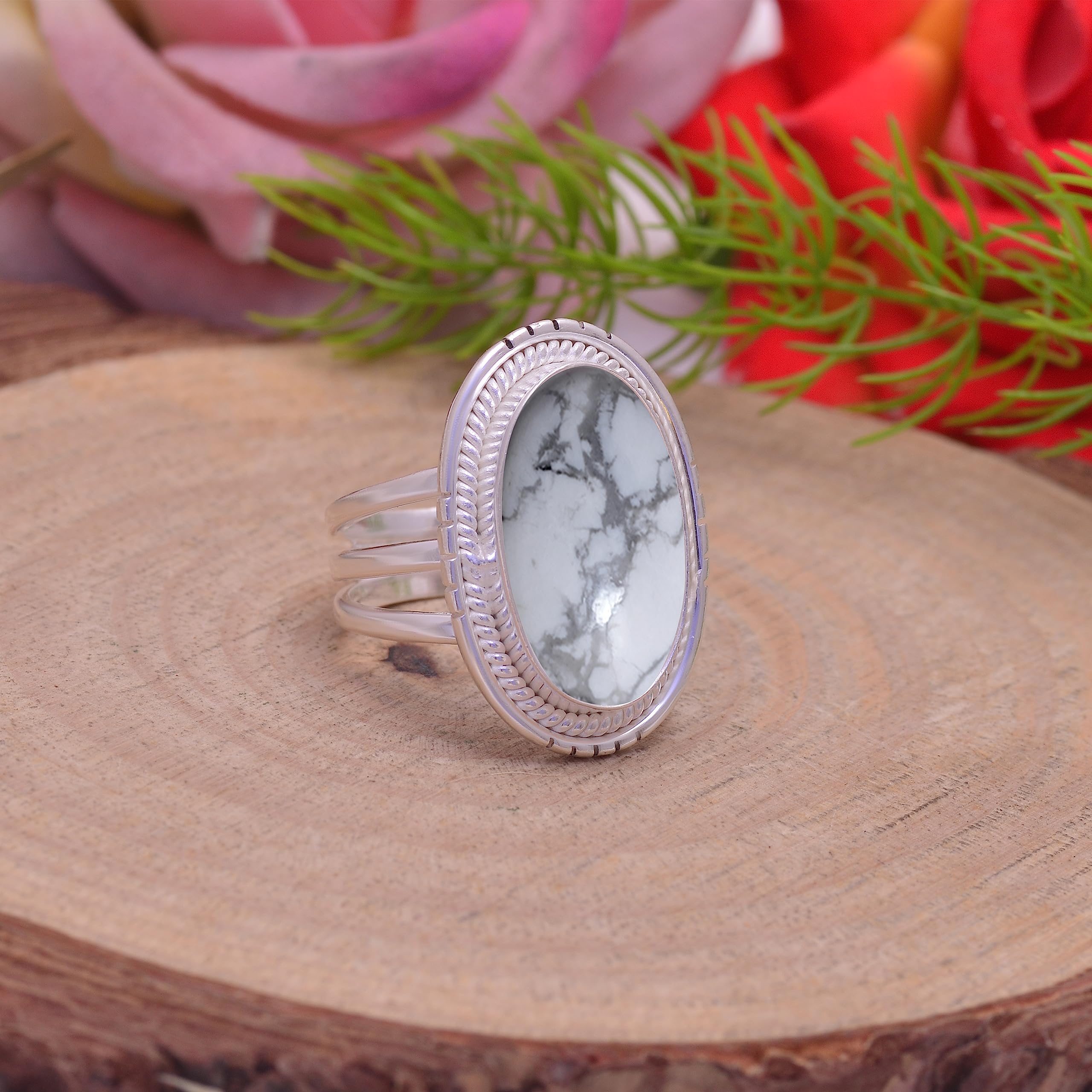 Authentic Howlite White Buffalo Turquoise Ring for Women - 925 Sterling Silver Handmade Jewelry with Natural White & Black Gemstone - Boho Chic Fashion Ring (VSR-919) - Perfect for Weddings, Parties & Everyday Wear
