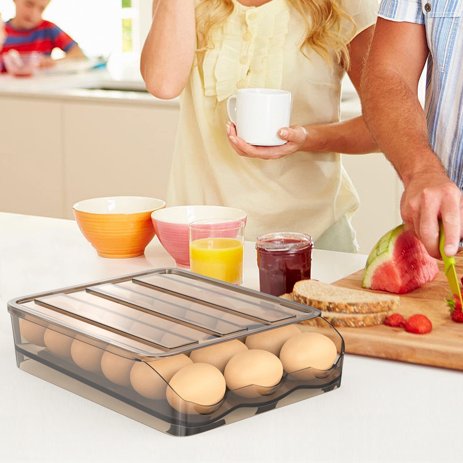 Glowick Reusable Egg Storage Box - 18 Compartment Refrigerator Egg Holder with Sliding Design & Auto Rolling - Single Layer Egg Tray for Kitchen Organization - Perfect for Fridge Storage, Breakfast Prep & Farm Fresh Eggs