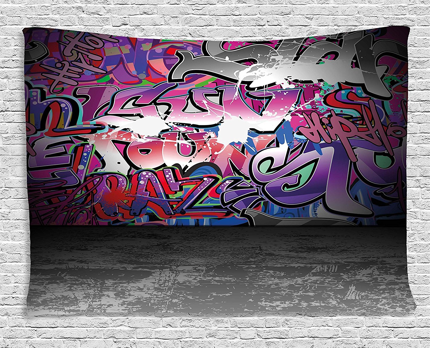 Ambesonne Graffiti Tapestry - Urban Street Art Wall Hanging with Hip Hop Funk Design, 80x60 Inch Grey Purple Wall Decor for Bedroom, Living Room, Dorm - Perfect for Teen Rooms, Music Studios & Urban Themed Parties