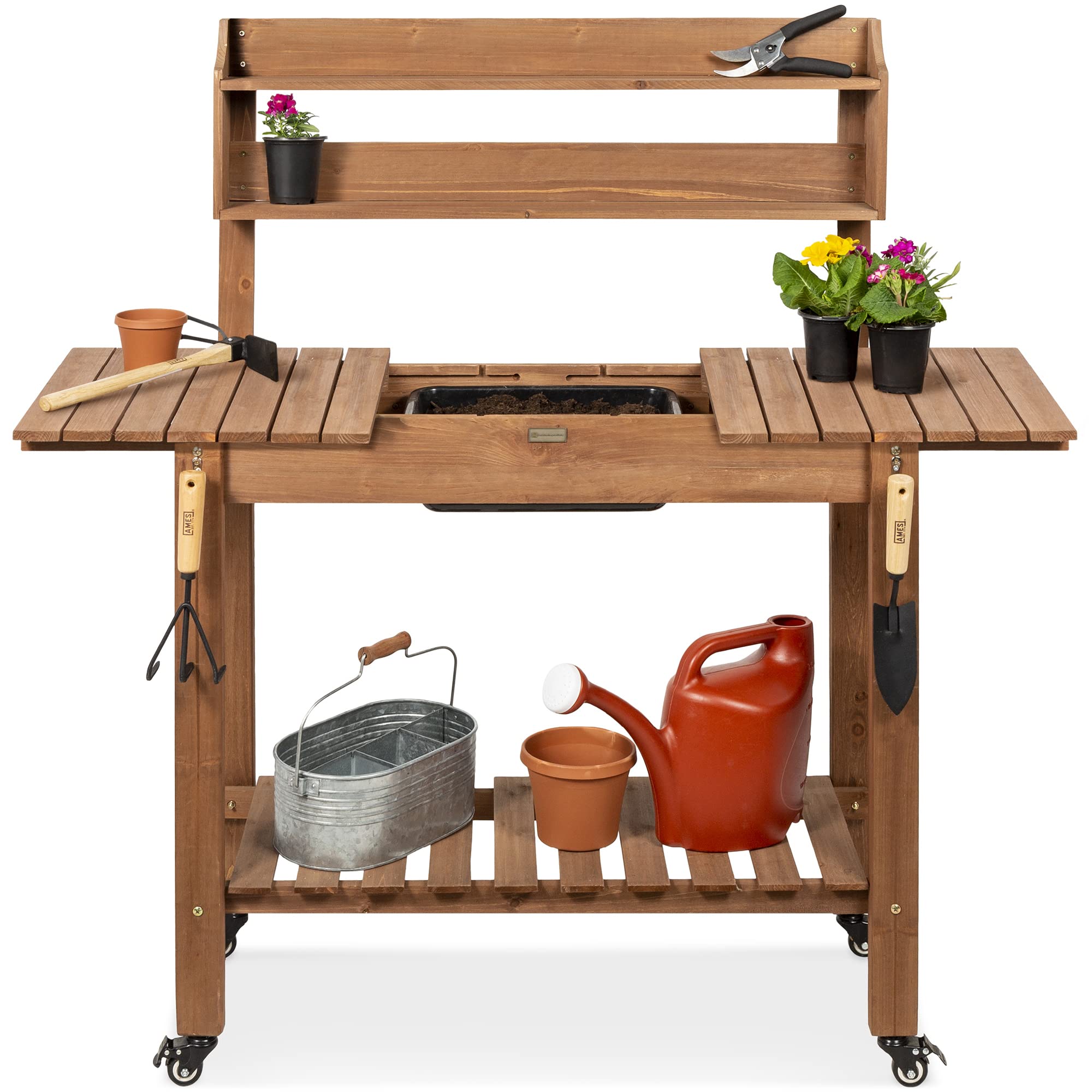 Best Choice Products Mobile Garden Potting Bench - Outdoor Wooden Workstation Table with Sliding Tabletop, 4 Locking Wheels, Food-Grade Dry Sink & Storage Shelves - Brown | Perfect for Gardening, Potting Plants & Outdoor DIY Projects