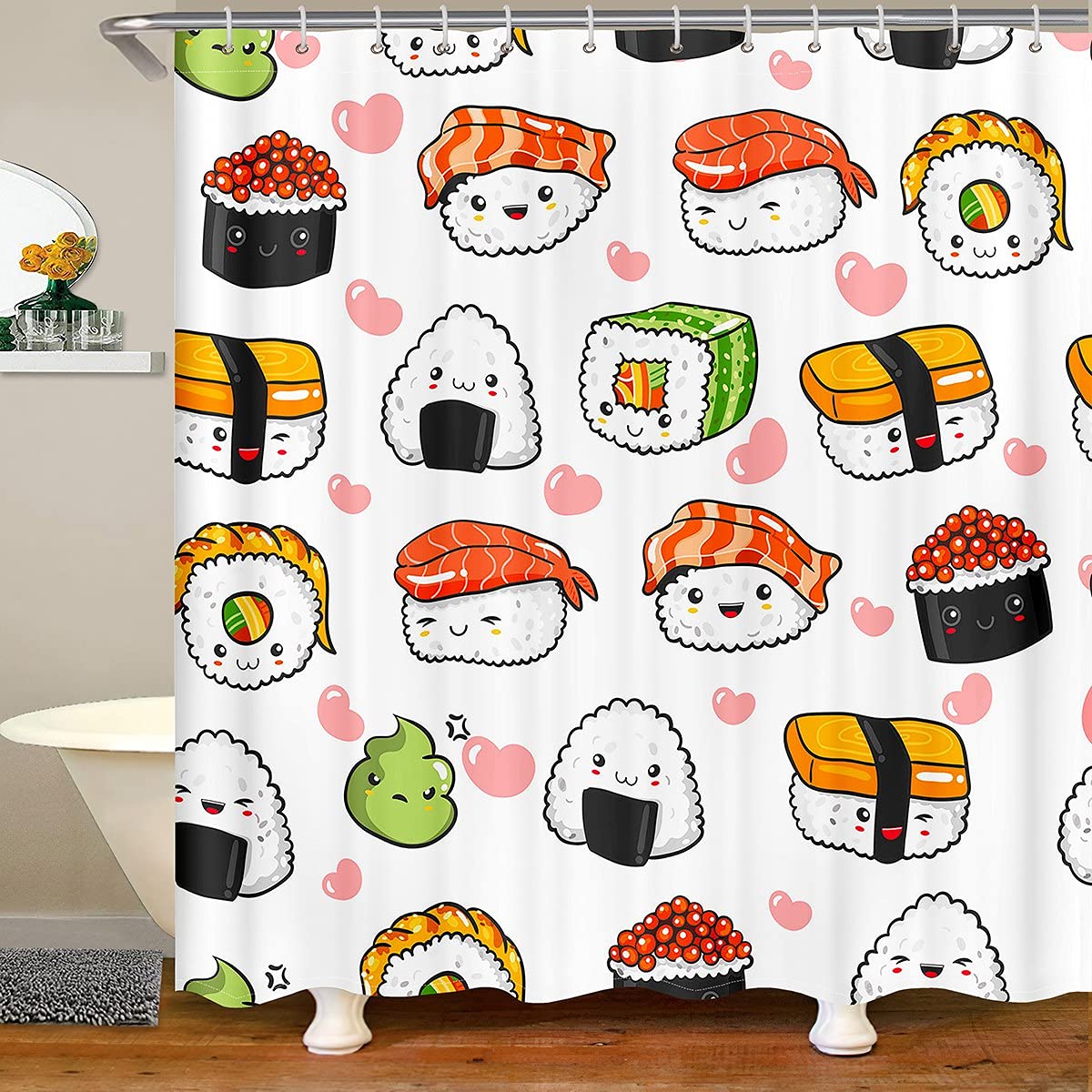 Japanese Kawaii Sushi Shower Curtain for Kids - Pink Heart Cartoon Waterproof Bathroom Decor (72x78 inches) - Perfect for Children's Bathroom, Themed Nursery, or Anime Lover's Home Decor