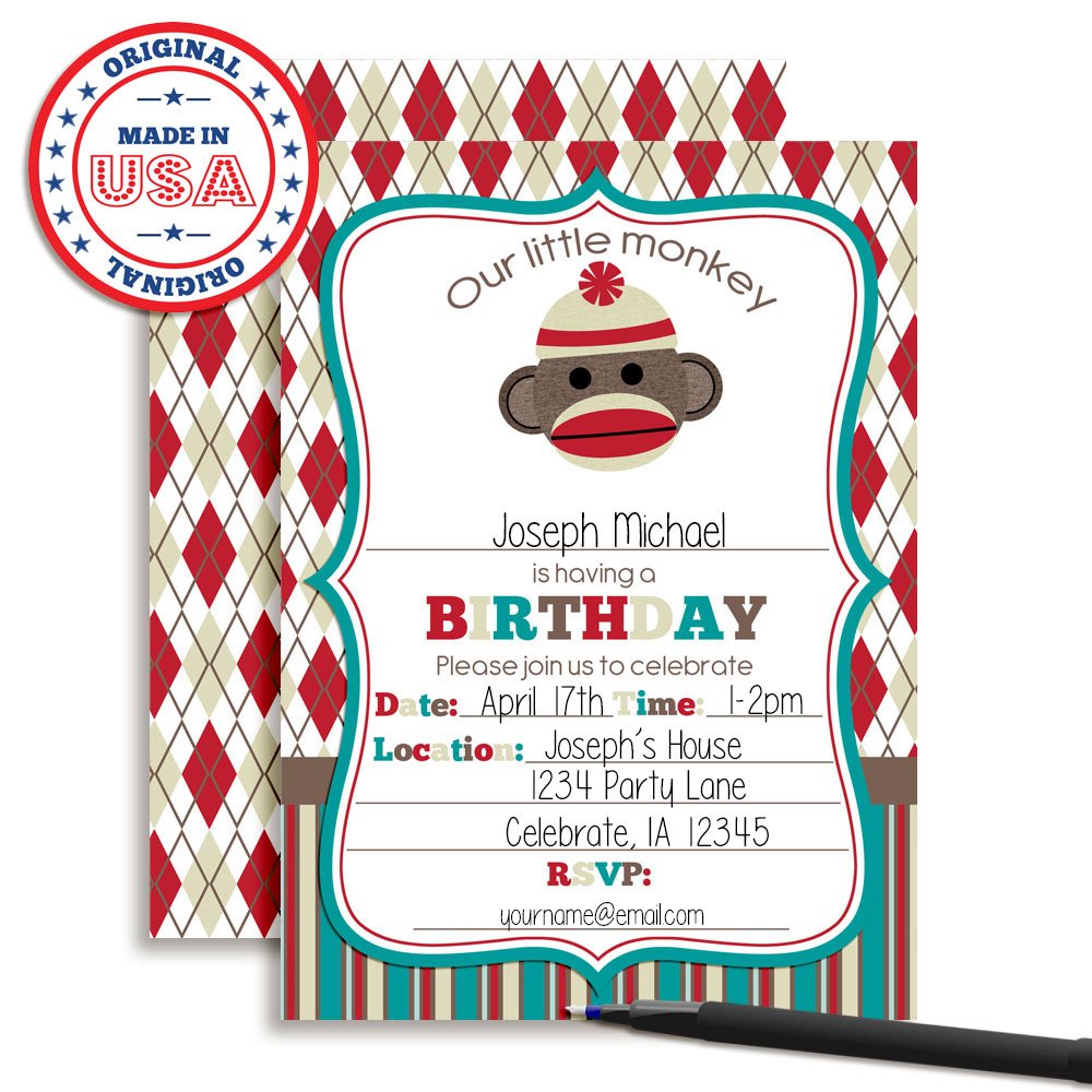 Amanda Creation Sock Monkey Birthday Party Invitations - 20 Pack 5x7 Fill-in Cards with White Envelopes | Perfect for Kids Birthday Parties, Baby Showers & Themed Events