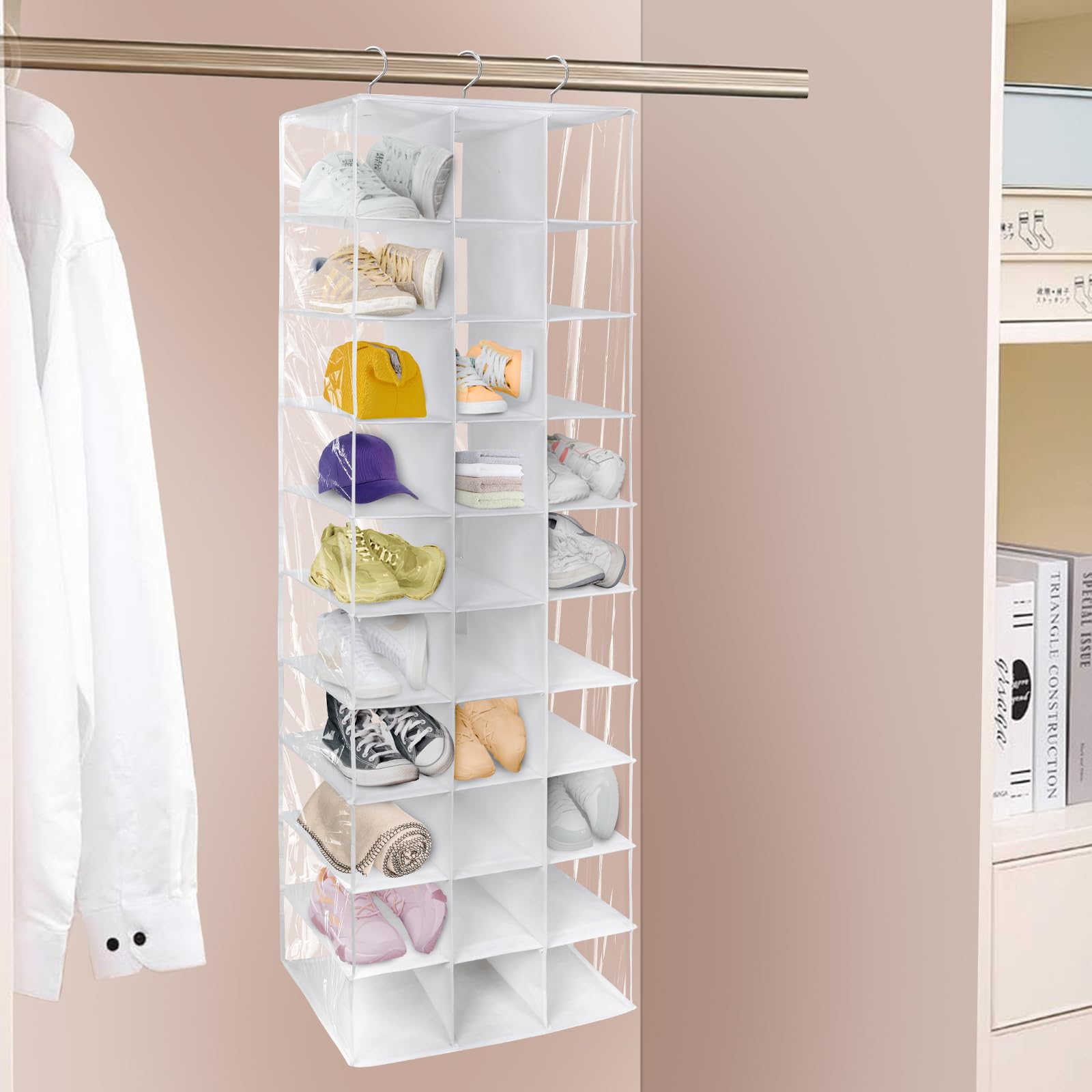Coastal Rose Hanging Shoe Closet Organizer - 30 Sections Shoe Storage with 6 Mesh Pockets, Space Saving Closet Organizer for Shoes, Accessories & More - Perfect for Bedroom, Closet & Dorm Organization (White)