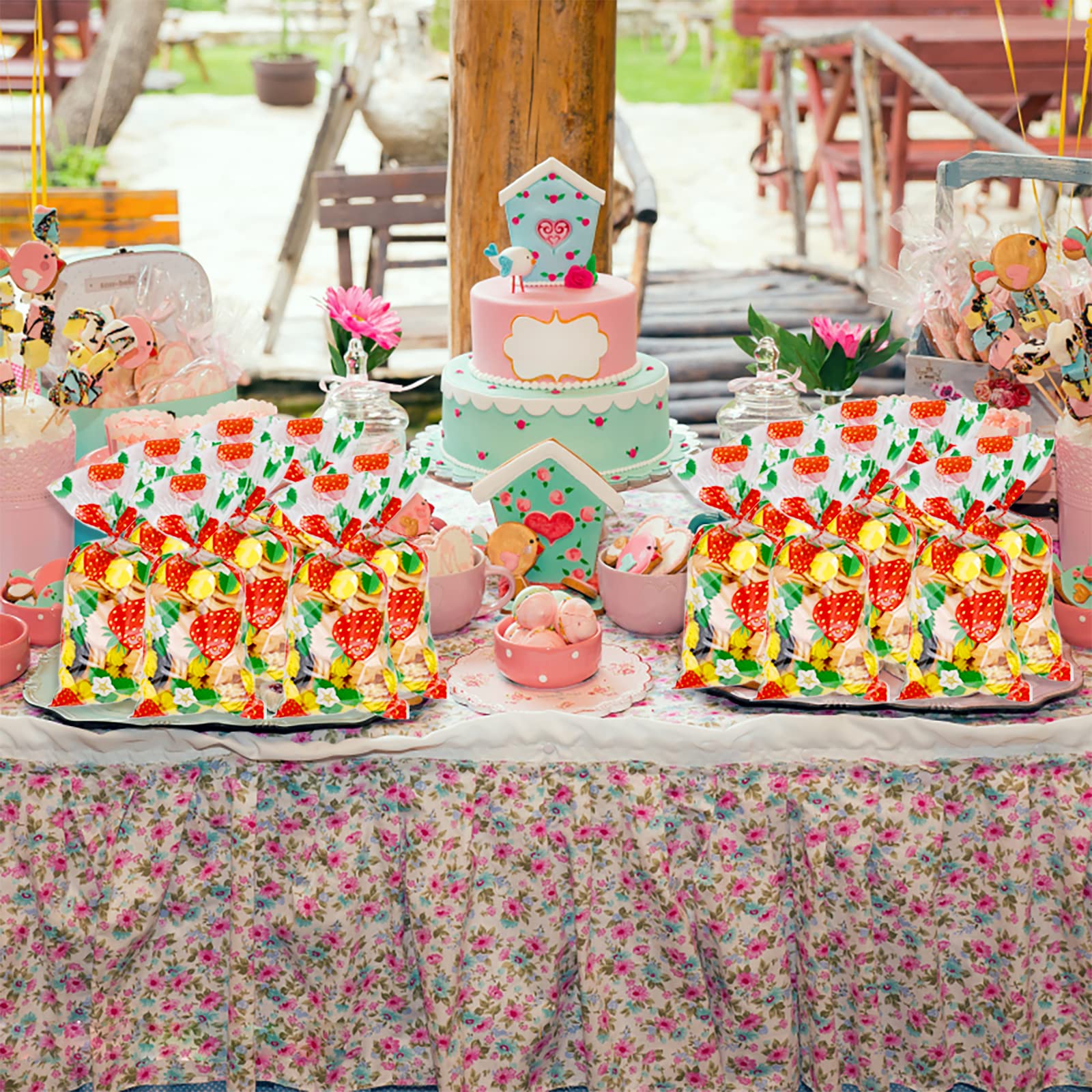 Strawberry Cellophane Bags 100Pcs with Twist Ties - Perfect for Candy, Cookies & Party Favors