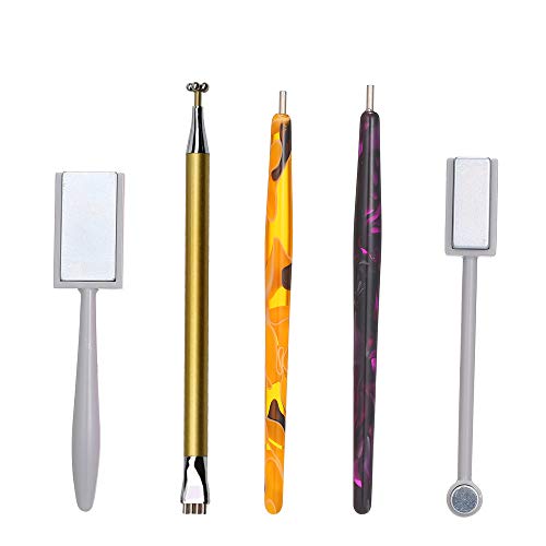 5Pcs Double Head Flower Design Nail Magnet Tool Set - Strong Magnet Stick & Nail Art Pens for Cat Eye Gel Polish - Perfect for Salon & DIY Manicure at Home