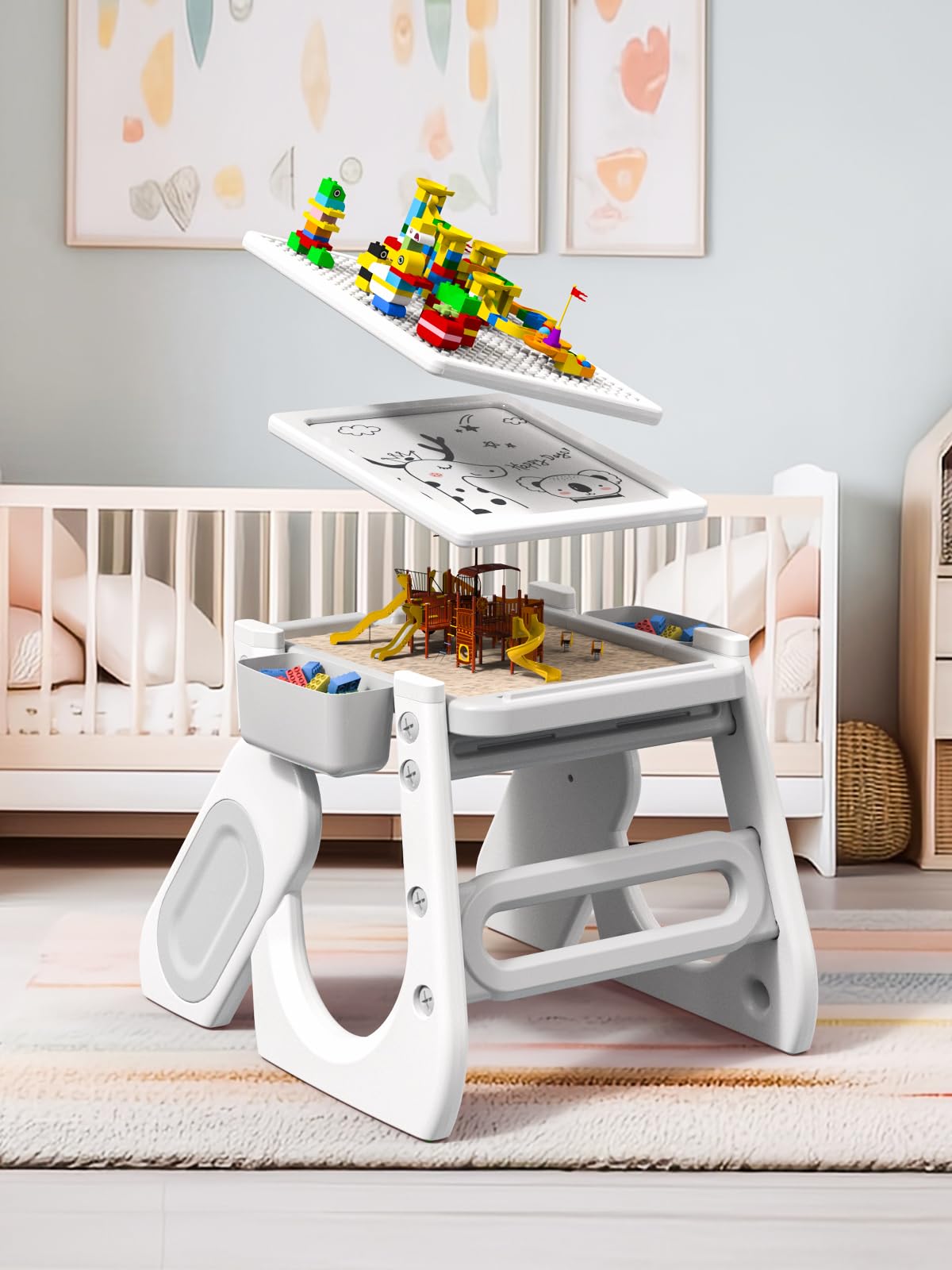 **Baby High Chair with Safety Harness & Adjustable Seat – Convertible Toddler Chair, Study Table & Building Block Play Set – Perfect for Feeding, Learning & Playtime**