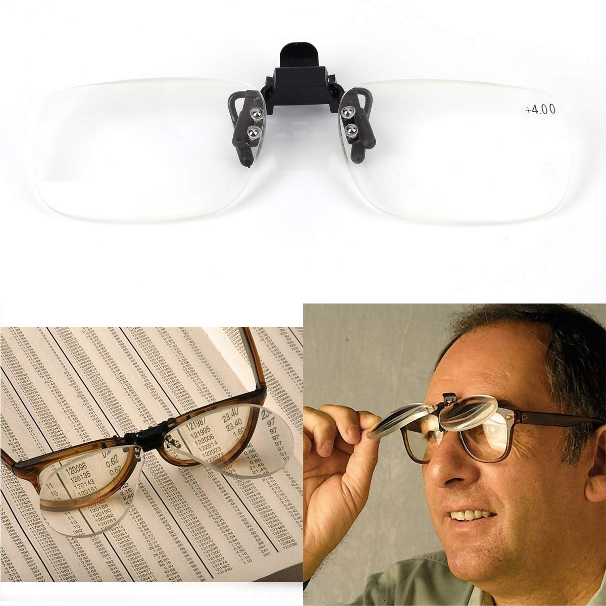 Clip On Flip Up Magnifying Reading Glasses 4.0x - Unisex Readers with Detachable Lenses for Reading, Hobbies & Close Work - Perfect for Books, Crafts & Electronics Repair