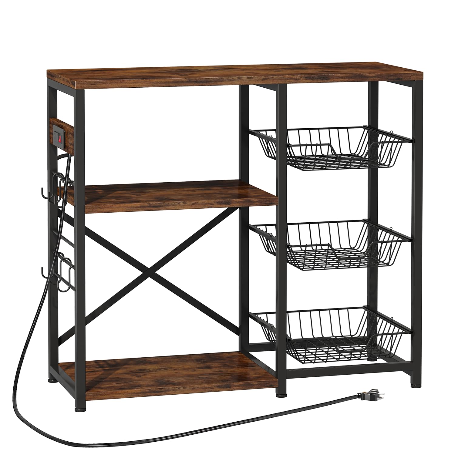 Homeiju Kitchen Island with Power Outlet | Rustic Brown Baker's Rack & Microwave Stand | Coffee Bar Station with 3 Removable Wire Baskets | Kitchen Storage Organizer with 6 S-Hooks for Spices, Pots & Pans | Perfect for Small Kitchens, Apartments & Coffee Stations
