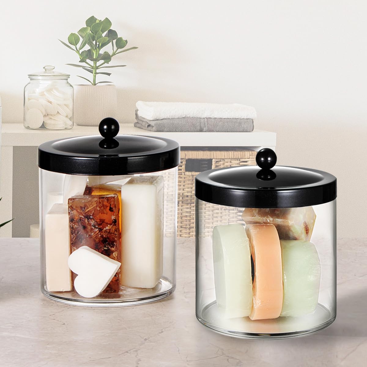 2 Pack 50oz Large Plastic Apothecary Jars with Lids - SheeChung Airtight Storage Containers for Laundry Pods, Bath Bombs, Snacks & Home Organization - Perfect for Bathroom Vanity, Kitchen Pantry & Laundry Room Storage (Black, Includes Measuring Spoon & Labels)