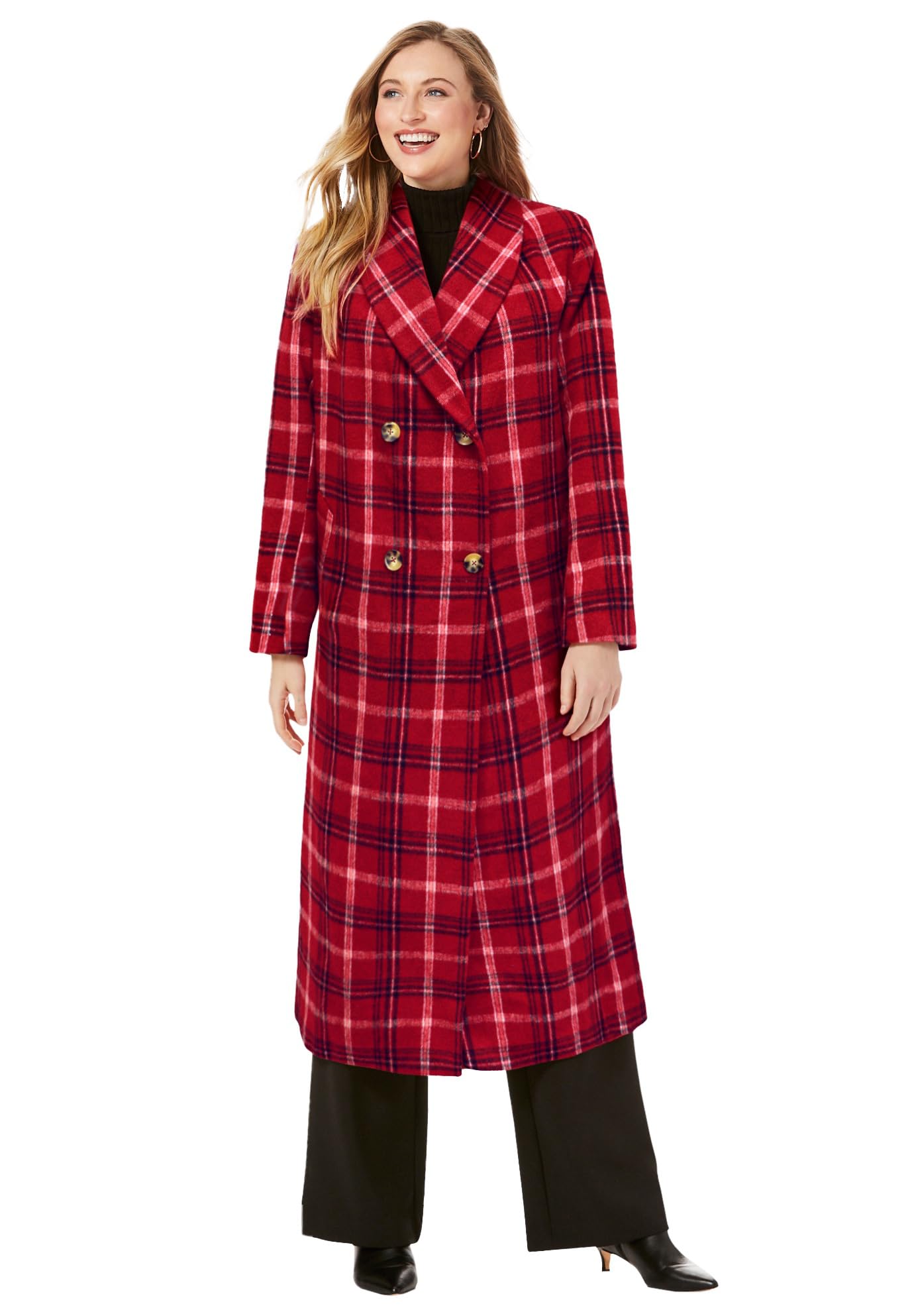 Jessica London Women's Plus Size Long Shawl Collar Wool Coat - Size 12W, Rich Burgundy Shadow Plaid | Warm Winter Trench Coat for Office, Travel & Formal Occasions