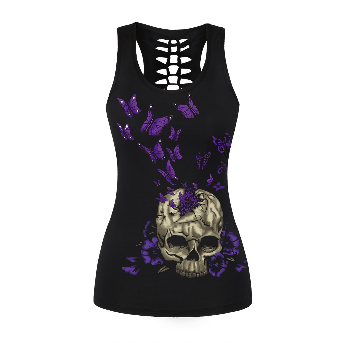 Women's Skull Print Cut Out Workout Yoga Running Tank Top - Sleeveless Casual Shirt for Gym, Fitness & Streetwear Fashion
