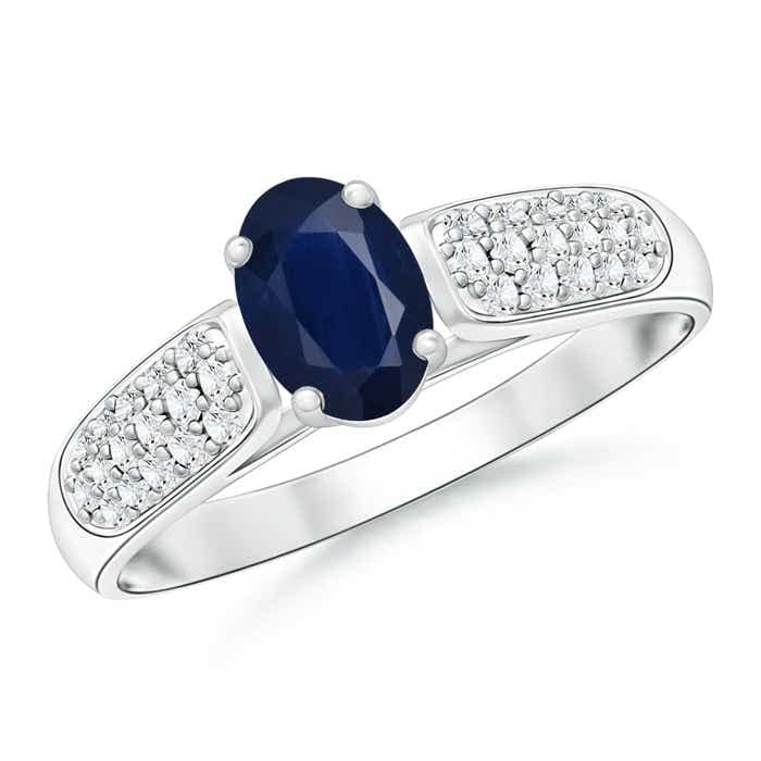 Platinum Solitaire Oval Blue Sapphire Ring with Pave Diamond Accents (6x4mm) - Elegant Engagement, Anniversary, or Gift Jewelry for Women