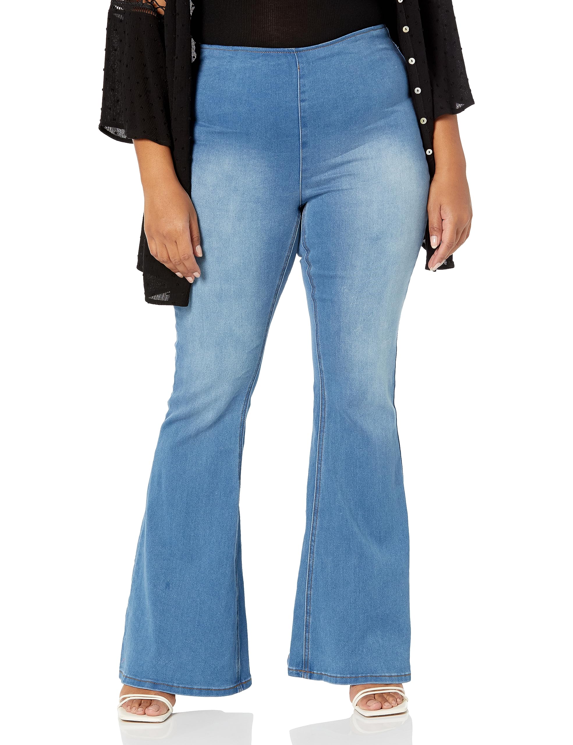 Shanda Women's High Waisted Pull On Flare Jeans - Stretchy Comfort Denim Pants for Casual Wear & Everyday Outfits