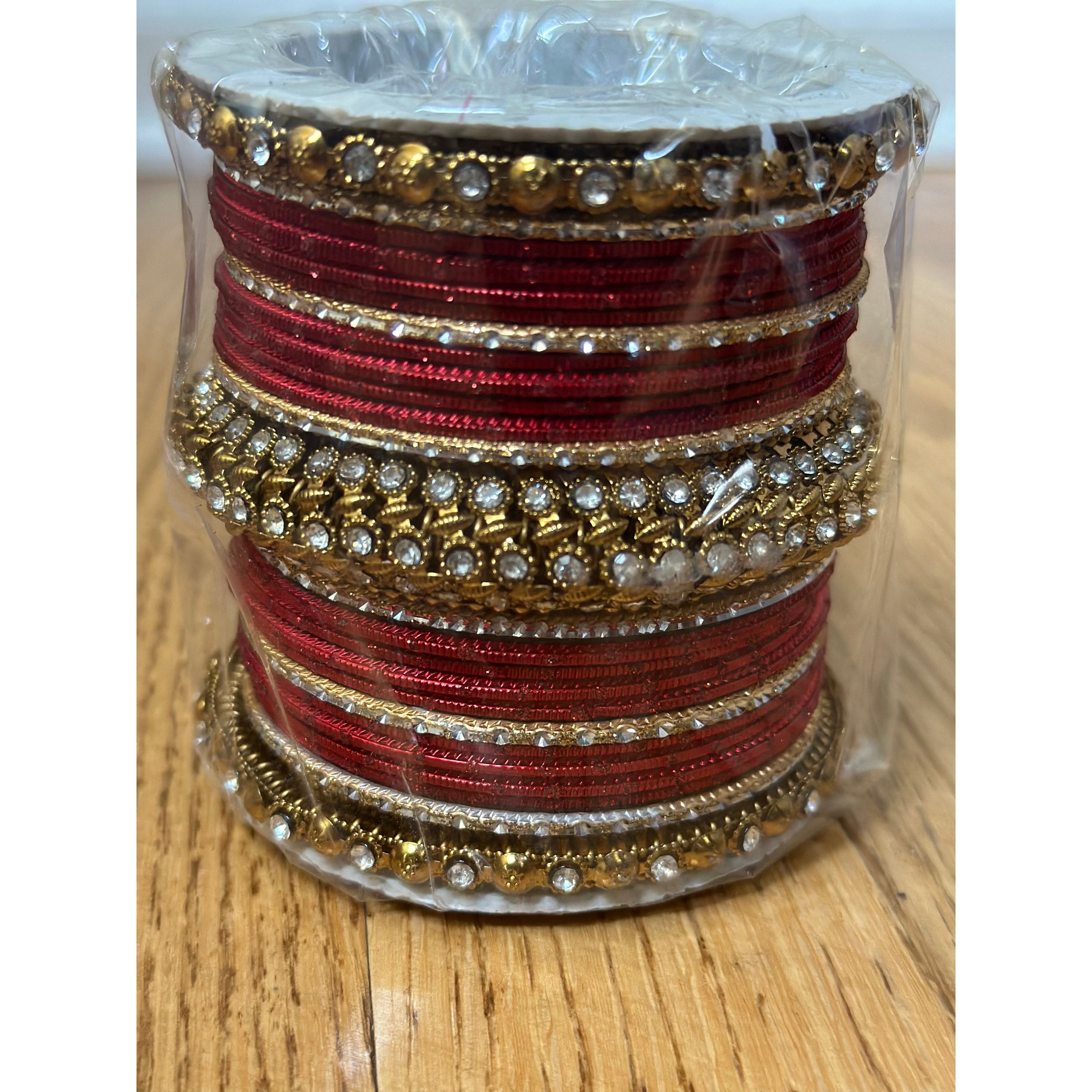 Elegant Red and Gold Bangles with White Stones - Perfect for Weddings, Parties & Festive Occasions