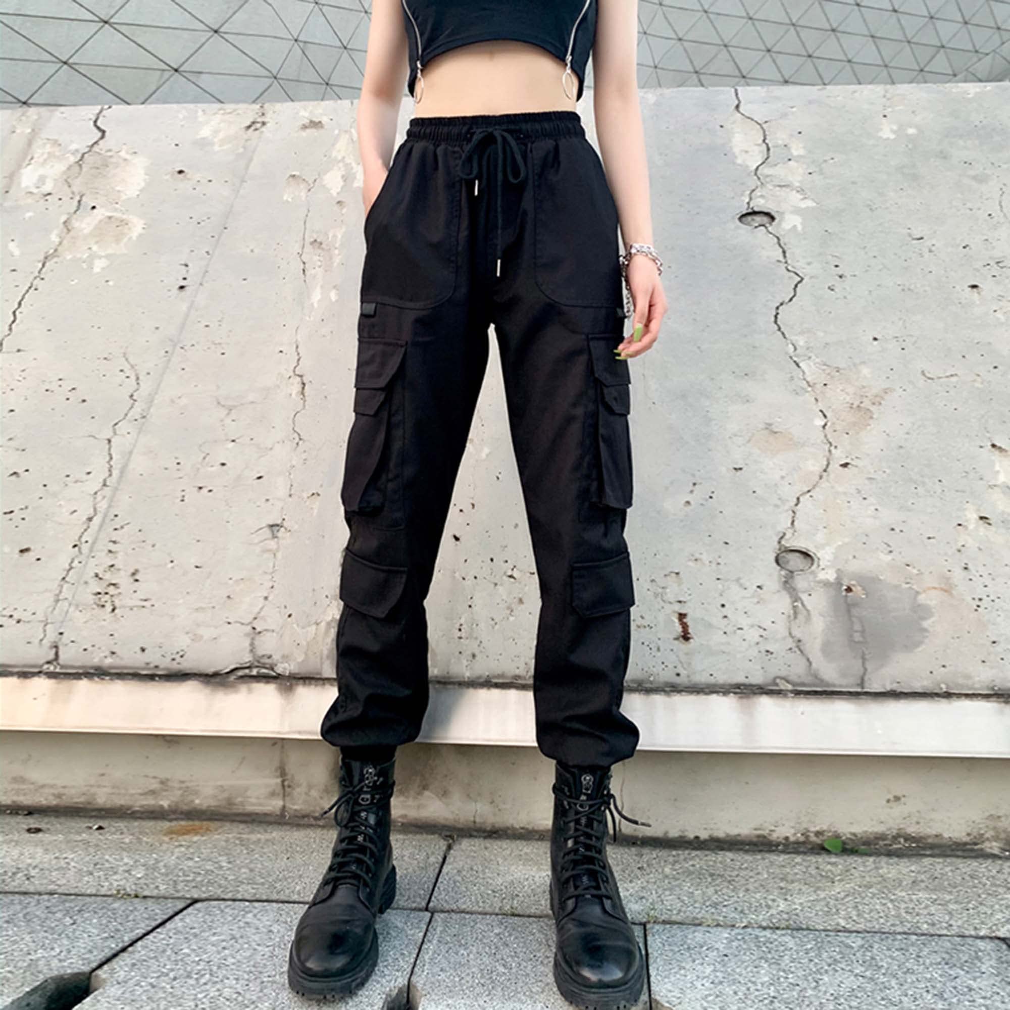Goth Pants for Women - Baggy Hip Hop Cargo Sweatpants with Multi Pockets, High Waist Trendy Black Joggers | Perfect for Streetwear, Concerts & Alternative Fashion