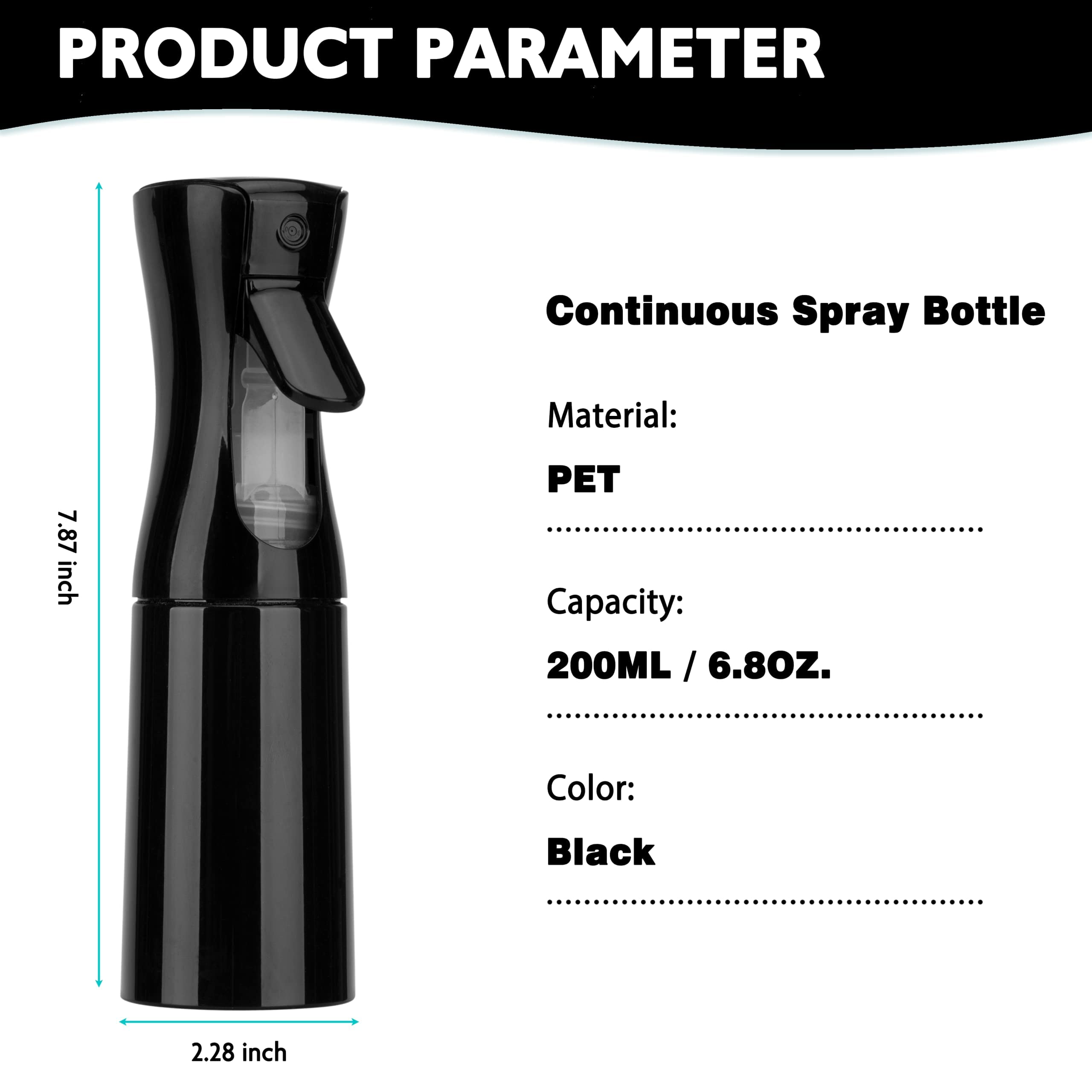 Continuous Spray Bottle 6.8oz (200ml) - Fine Mist Water Sprayer for Hair, Plants & Skin Care | Salon, Barber & Home Use | Durable Black Hair Mister & Cleaning Spray Bottle (1 Pack) - Perfect for Styling, Hydrating & Household Cleaning