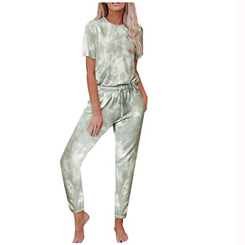 iQKA Women's Tie Dye Loungewear Set - Short Sleeve Top & Long Pants 2-Piece Pajama Jogger Outfit | Soft Cotton Sleepwear for Relaxing at Home, Yoga & Casual Wear