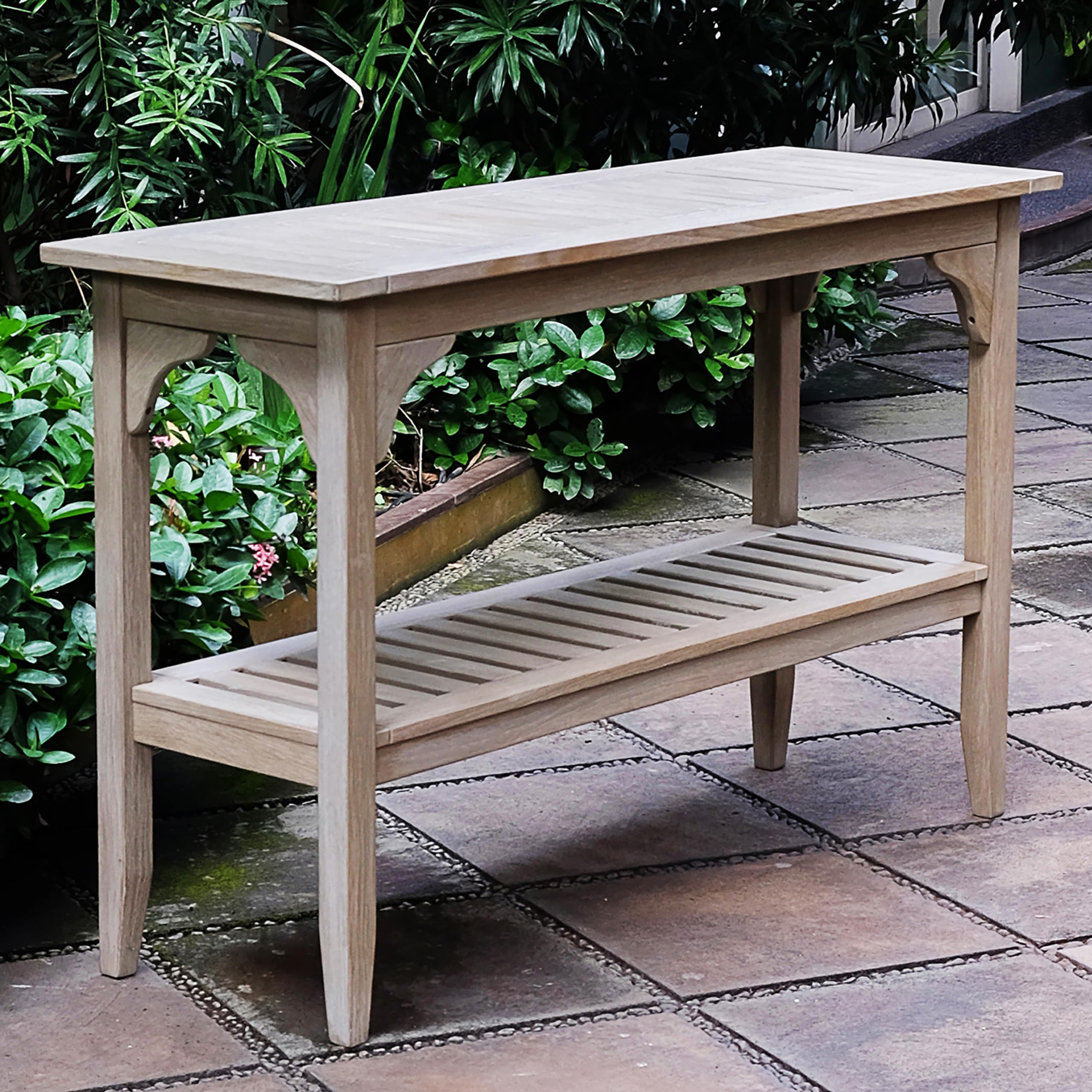 Cambridge Casual Indonesian Teak Auburn Outdoor Console Table – Weathered Gray Finish – Durable & Stylish Teak Wood Accent Plant Table for Patio, Deck, Porch – Perfect for Outdoor Entertaining, Garden Decor, and Balcony Furniture
