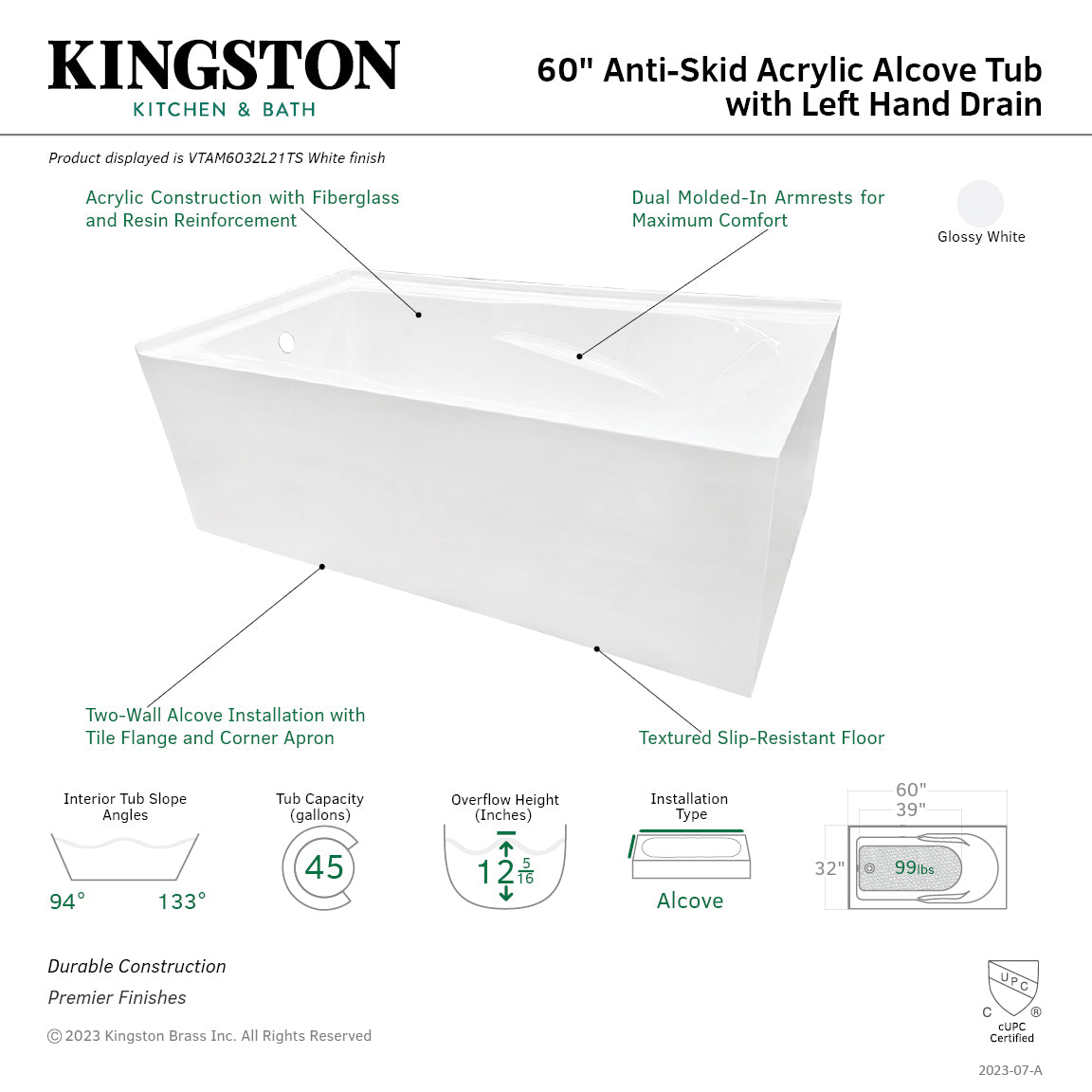 Aqua Eden VTAM6032L21TS 60-Inch Acrylic Rectangular 2-Wall Corner Alcove Bathtub - Left Hand Drain, Glossy White - Perfect for Small Bathrooms & Spa-Like Retreats