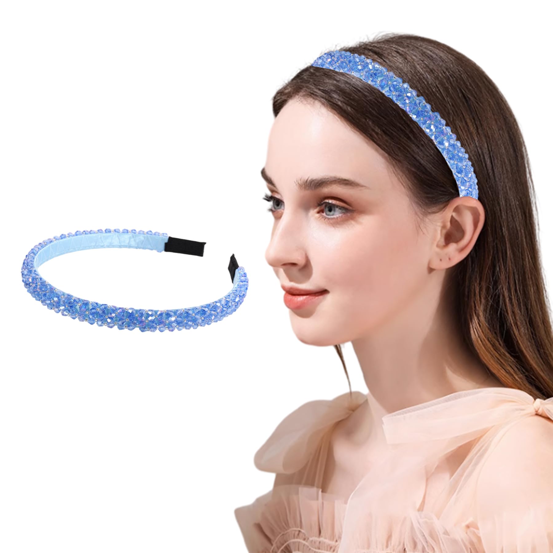 Sparkling Rhinestone Headband for Women & Girls - Glitter Crystal Beaded Wide Hair Band - Elegant Hair Accessories for Birthday, Party, Holiday, Wedding (Pale Blue) | Perfect for Special Occasions & Photo Shoots