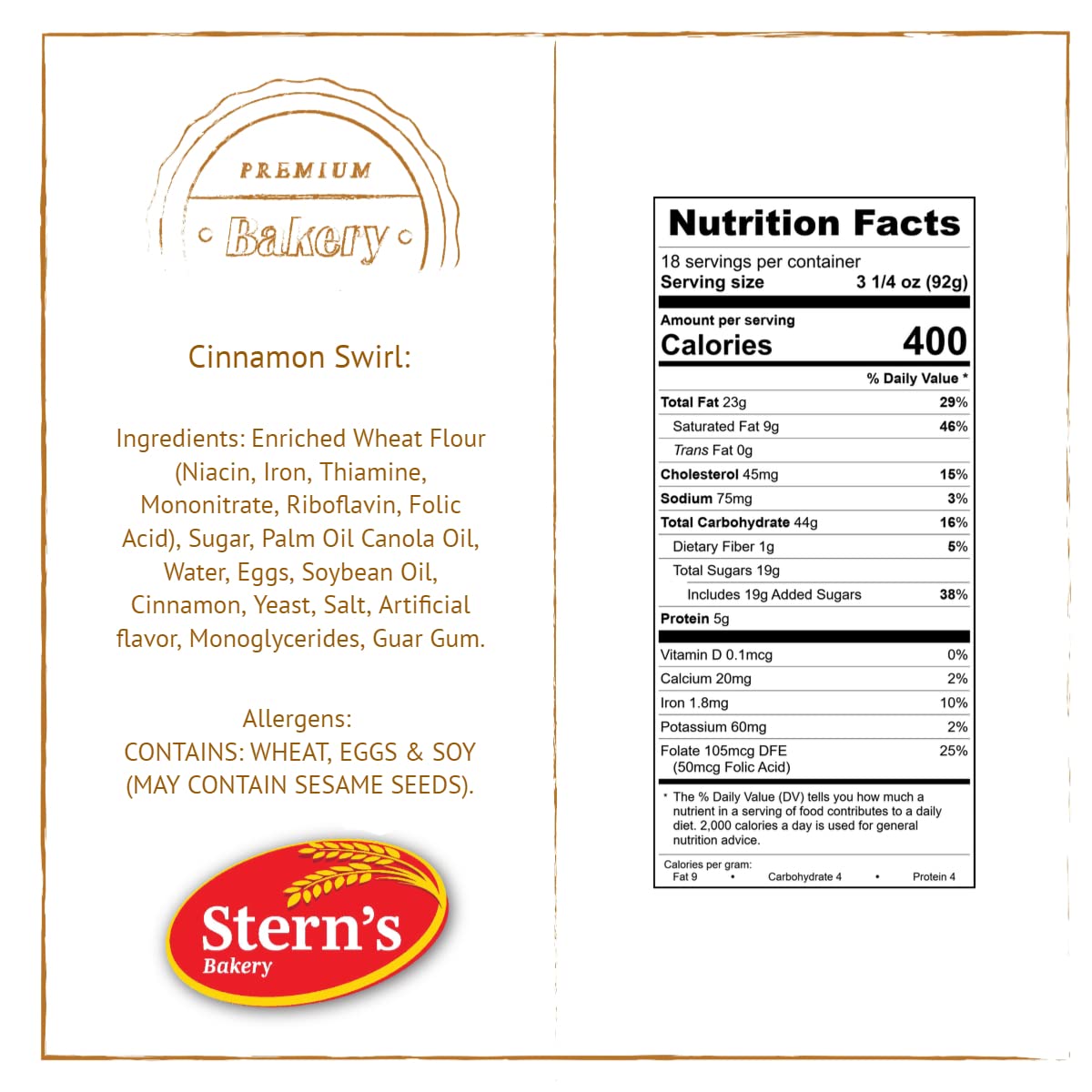 Stern's Bakery Cinnamon Swirl Danish Pastries - 18 Individually Wrapped 3oz Breakfast Snacks | Dairy Free, Nut Free & Kosher Certified | Perfect for Vending Machines, Lunchboxes, Office Snacks & On-the-Go Breakfast