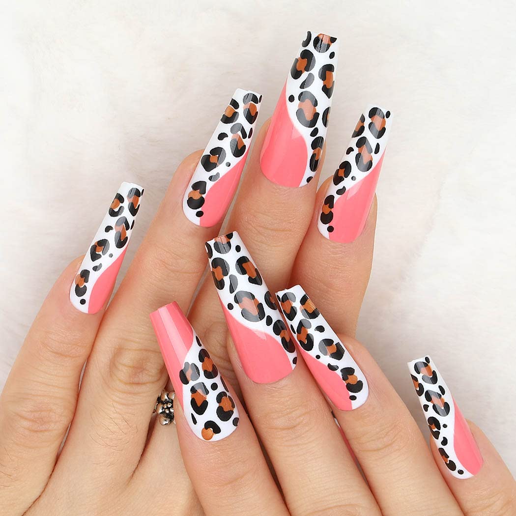 Extra Long Coffin Press on Nails - Glossy Pink Leopard Fake Nails with Ballerina Design - 24Pcs Full Cover Artificial Nails for Women & Girls - Perfect for Parties, Weddings, and Special Occasions