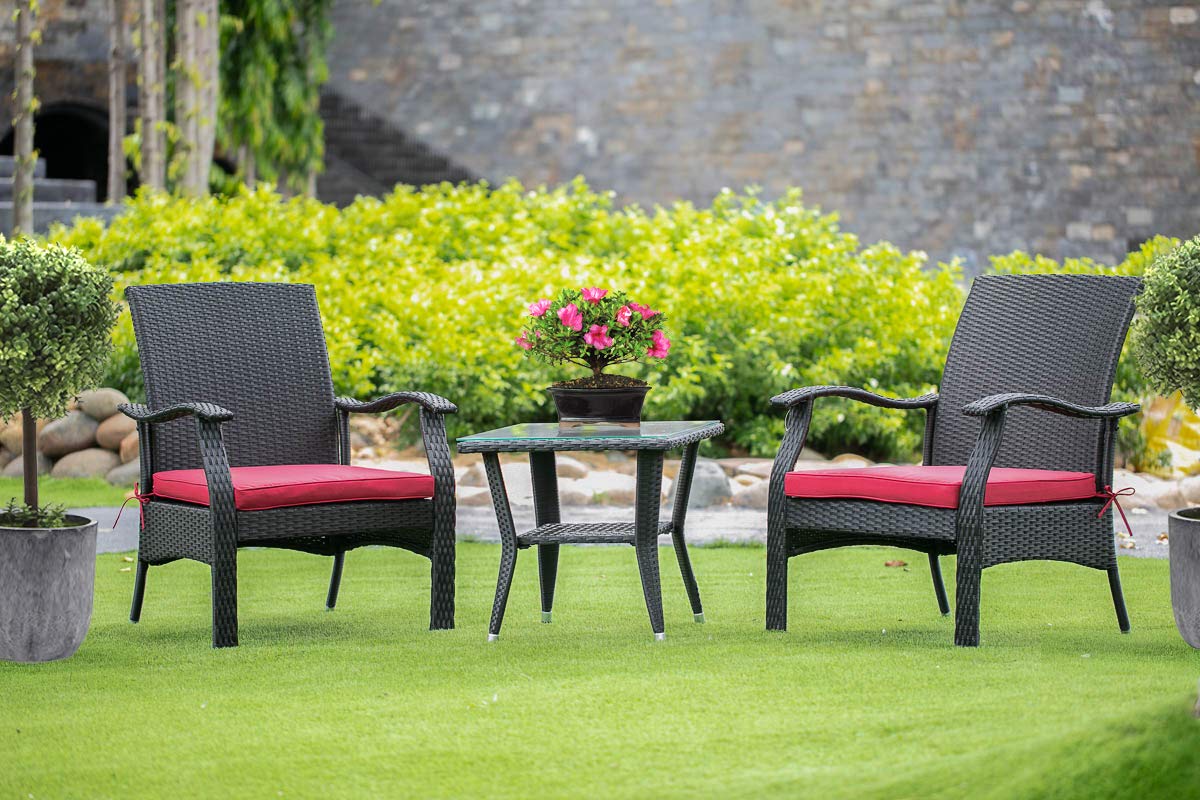 East West Furniture 3-Piece Outdoor Wicker Dining Set - Black Patio Table & 2 Armchairs with Linen Cushions for Balcony, Backyard, Garden or Poolside Relaxation