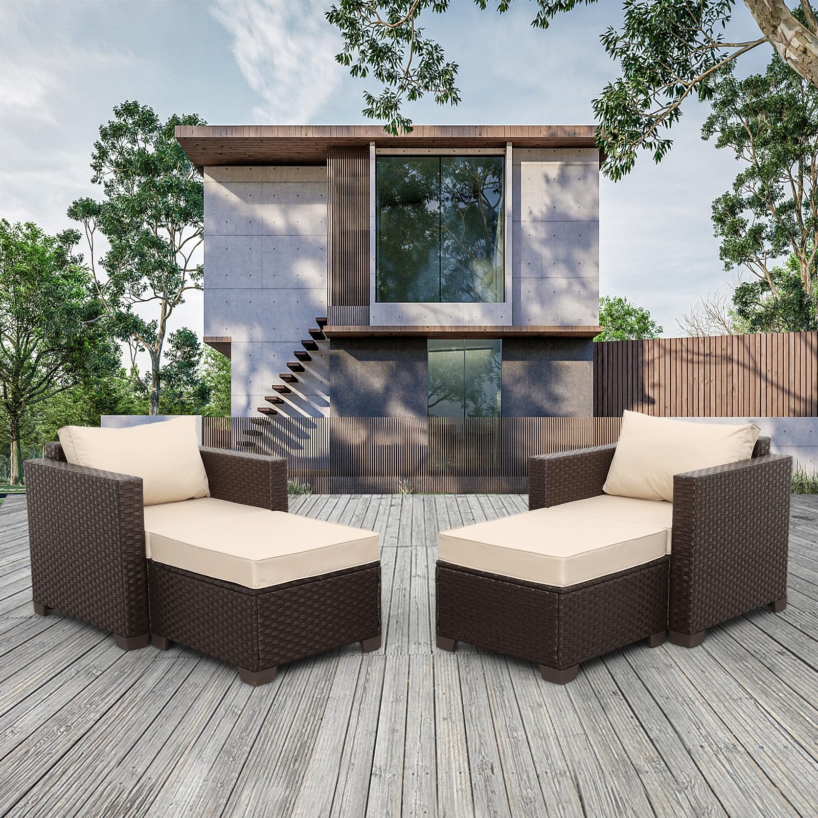 Rattan Wicker Patio Furniture Set 4-Piece Outdoor Conversation Set with Chairs, Ottoman Footrest, Non-Slip Cushions & Waterproof Covers - Khaki - Perfect for Backyard, Garden, Poolside & Patio Relaxation