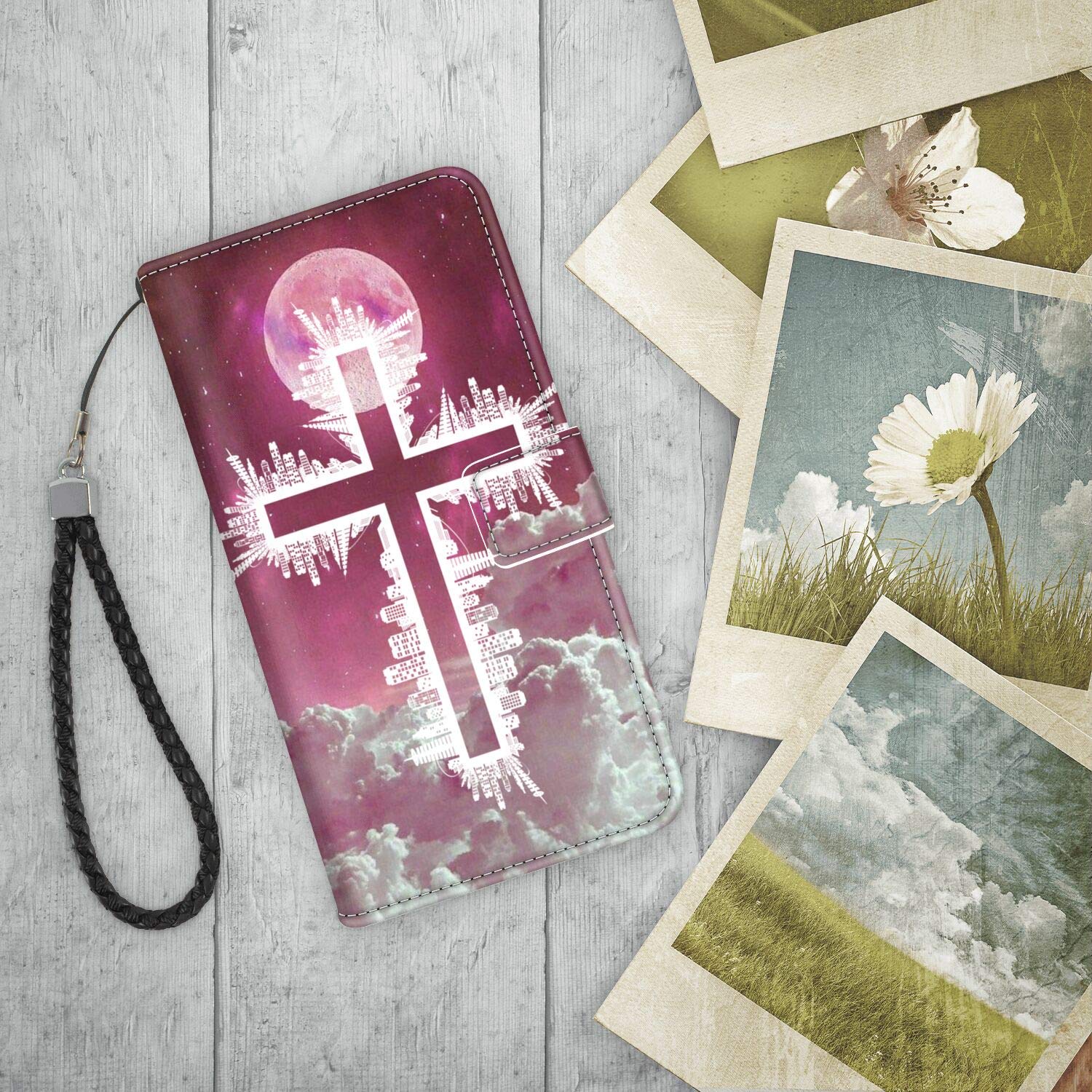 iPhone X/Xs Wallet Case - Pink Cross Jesus PU Leather Full Body Protective Cover with Card Slot Holder | Perfect for Everyday Use, Travel & Secure Storage