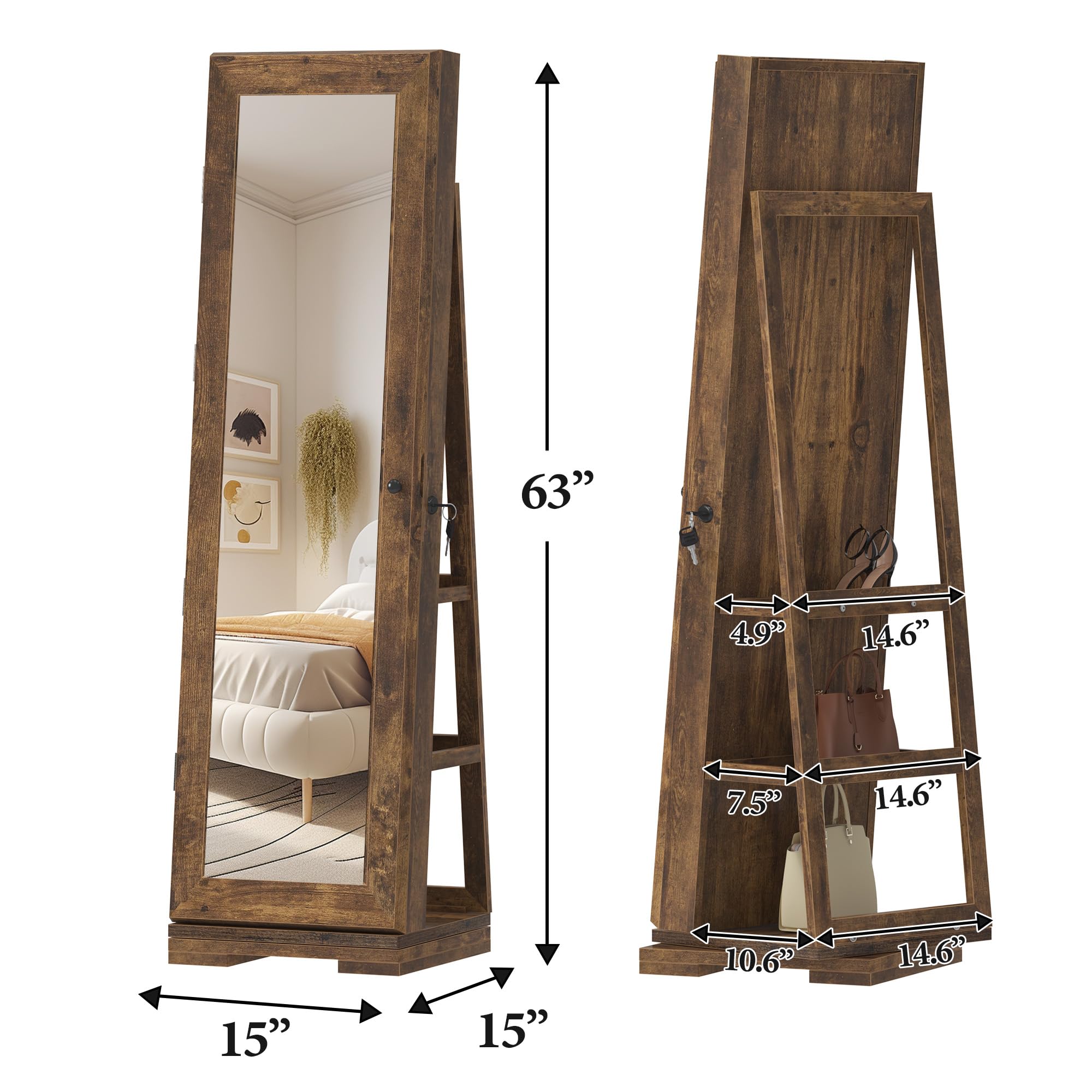 Soges 360° Swivel Jewelry Mirror Cabinet with Back Storage Shelves - Full Length Standing Rotating Mirror with Jewelry Organizer & Lockable Doors - Rustic Brown Armoire for Bedroom, Dressing Room & Closet Organization
