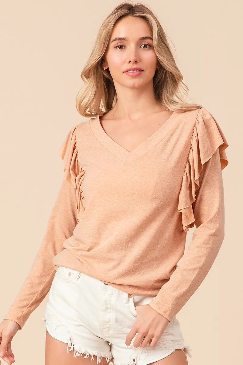 BiBi Triblend V Neck Women's T-Shirt with Shoulder Shirring Detail - Comfortable Casual Top for Everyday Wear, Work & Weekend Outfits