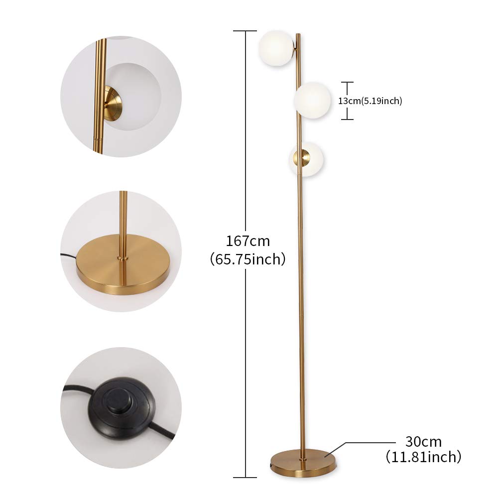 Modern 3-Globe LED Floor Lamp - Brushed Brass Standing Light for Living Room, Bedroom & Office | Bright Adjustable Lighting for Reading, Working & Relaxing