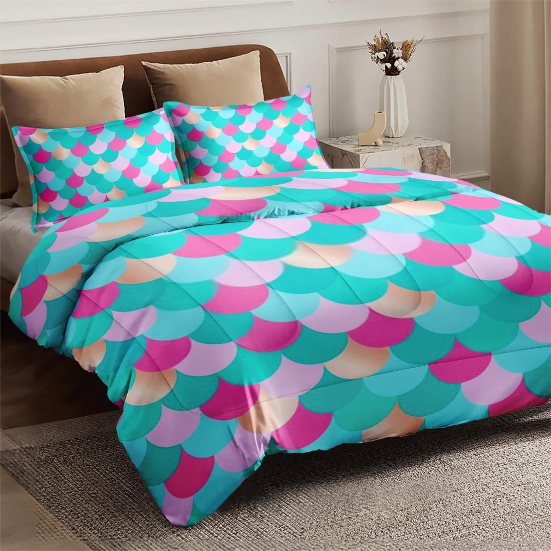 Mermaid Gold Red Green Comforter Set Queen Size - Soft Bedding Set for Kids & Adults, Includes 2 Pillowcases - Perfect for Bedroom Decor & Coastal Themed Rooms