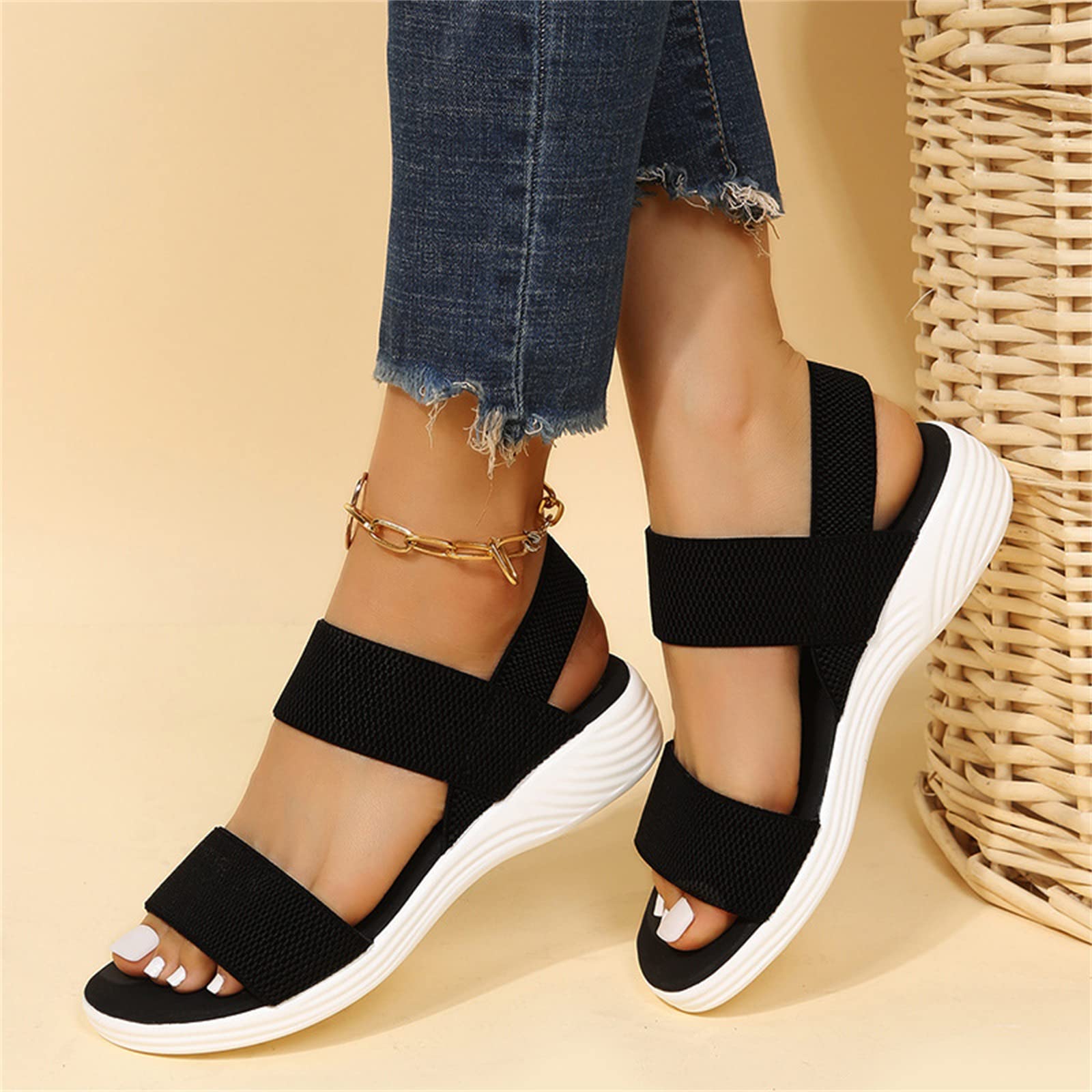 Women's Washable Orthopedic Slingback Sandals - Soft Elastic Strap Flat Slides for Walking, Sports & Casual Wear | Breathable Open-Toe Summer Shoes | Black | US9/EU40 | Perfect for Beach, Travel & Everyday Comfort