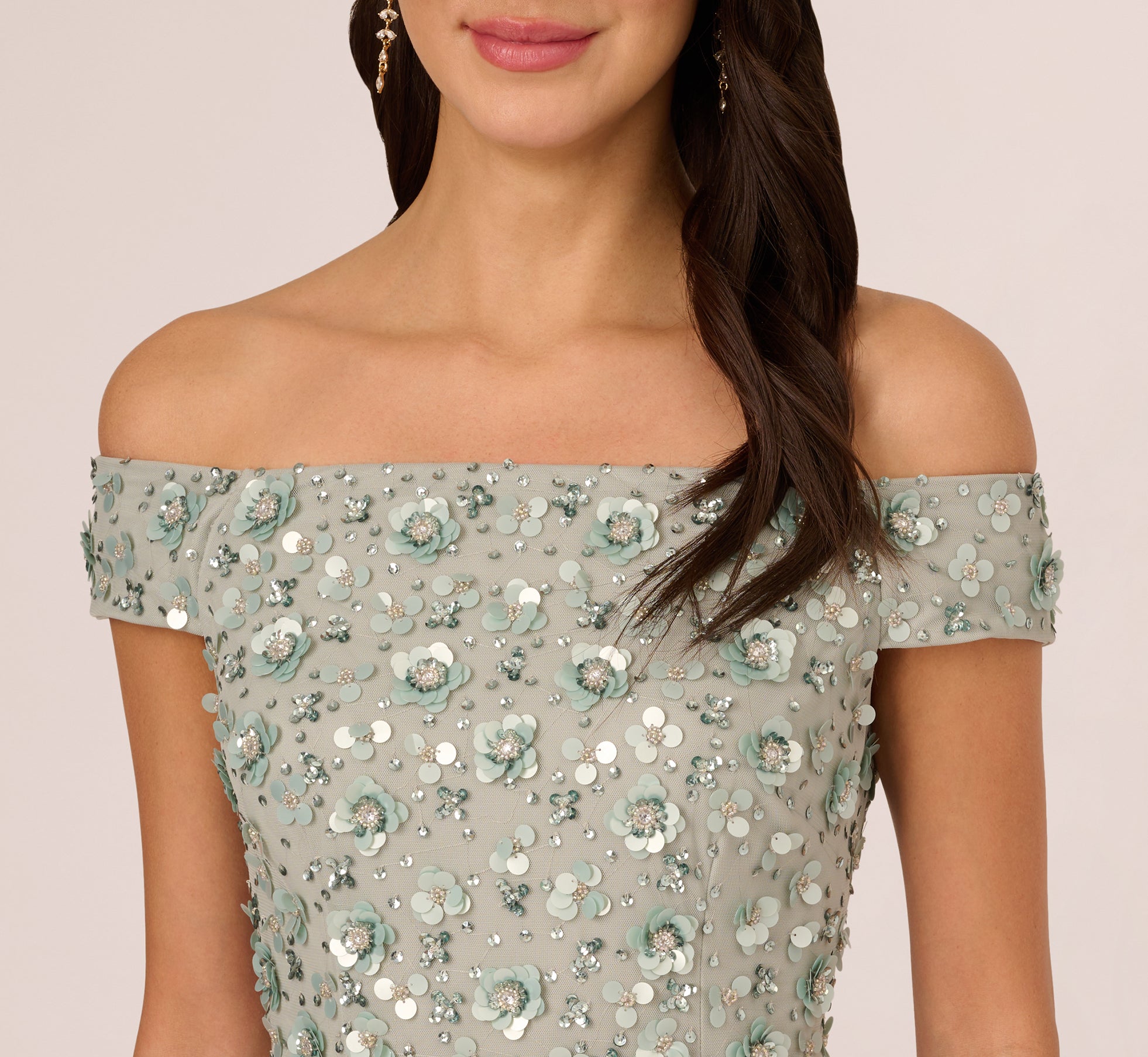 Floral Embroidered Off Shoulder Dress in Frosted Sage - Elegant Summer Party & Beach Wedding Guest Outfit
