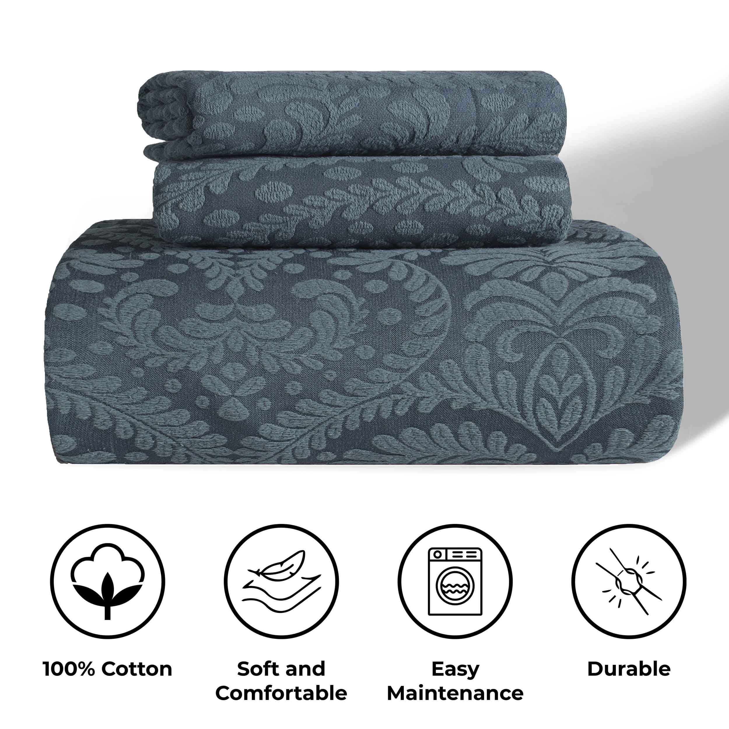 Soft Aspen Cotton Blend Jacquard Woven Floral Bedspread Set with Scalloped Edges - Queen Size Luxury Bedding for Master Bedroom & Guest Room Decor
