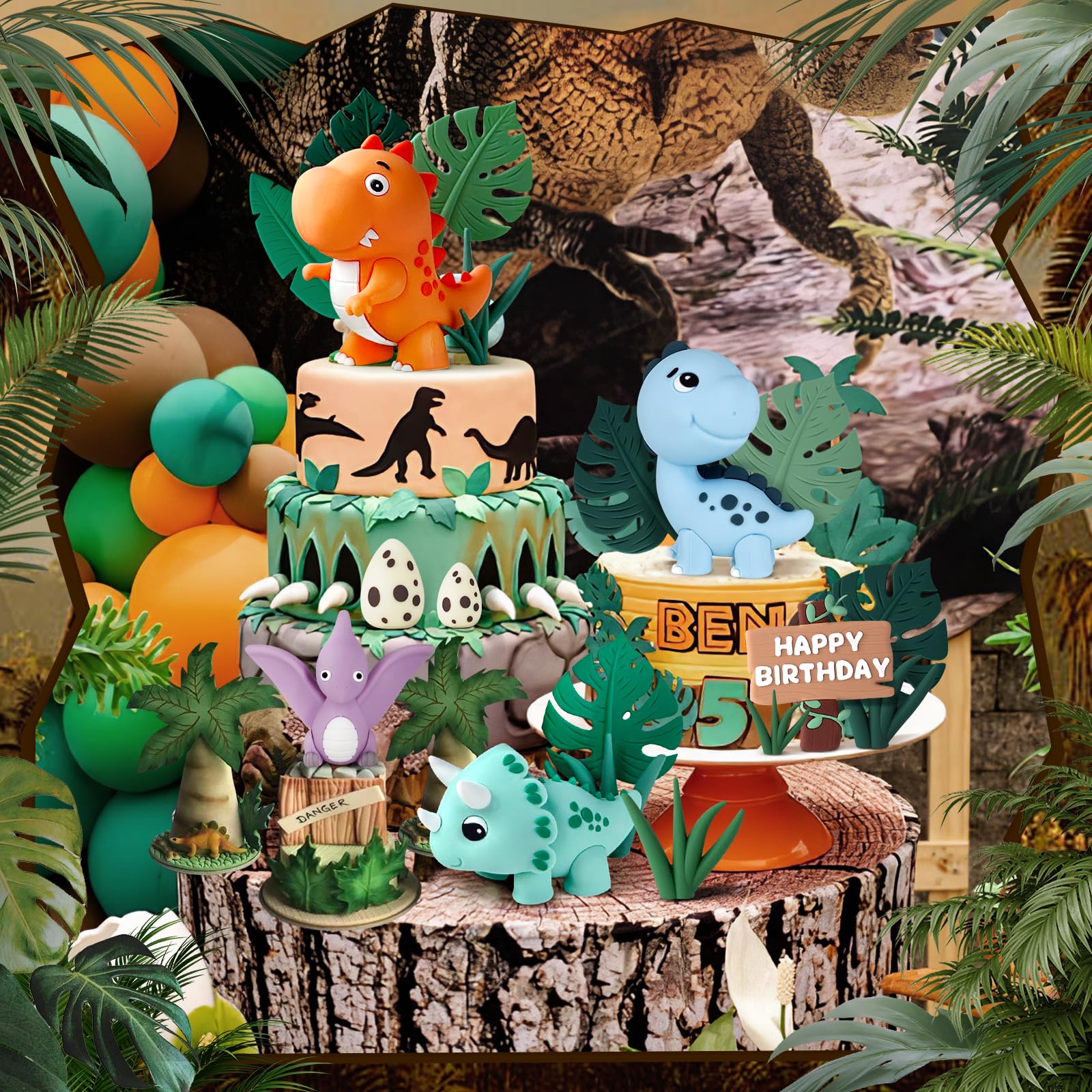 17PCS Dinosaur Cake Topper Set - Dinosaur Eggs, Leaves & Grass Decorations with Happy Birthday Sign - Safari Animal Theme Party Supplies for Birthday Cakes, Cupcakes & Desserts - Perfect for Kids Birthday Parties, Baby Showers & Jurassic Themed Events