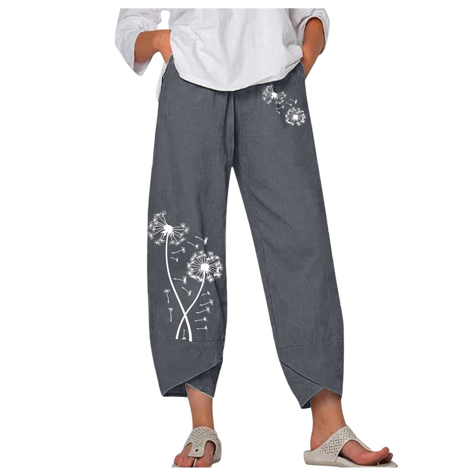 Women's Cotton Linen Lounge Pants - Soft Elastic Waist Loose Fit Casual Pants with Pockets, Floral Print for Home, Yoga & Travel Comfort