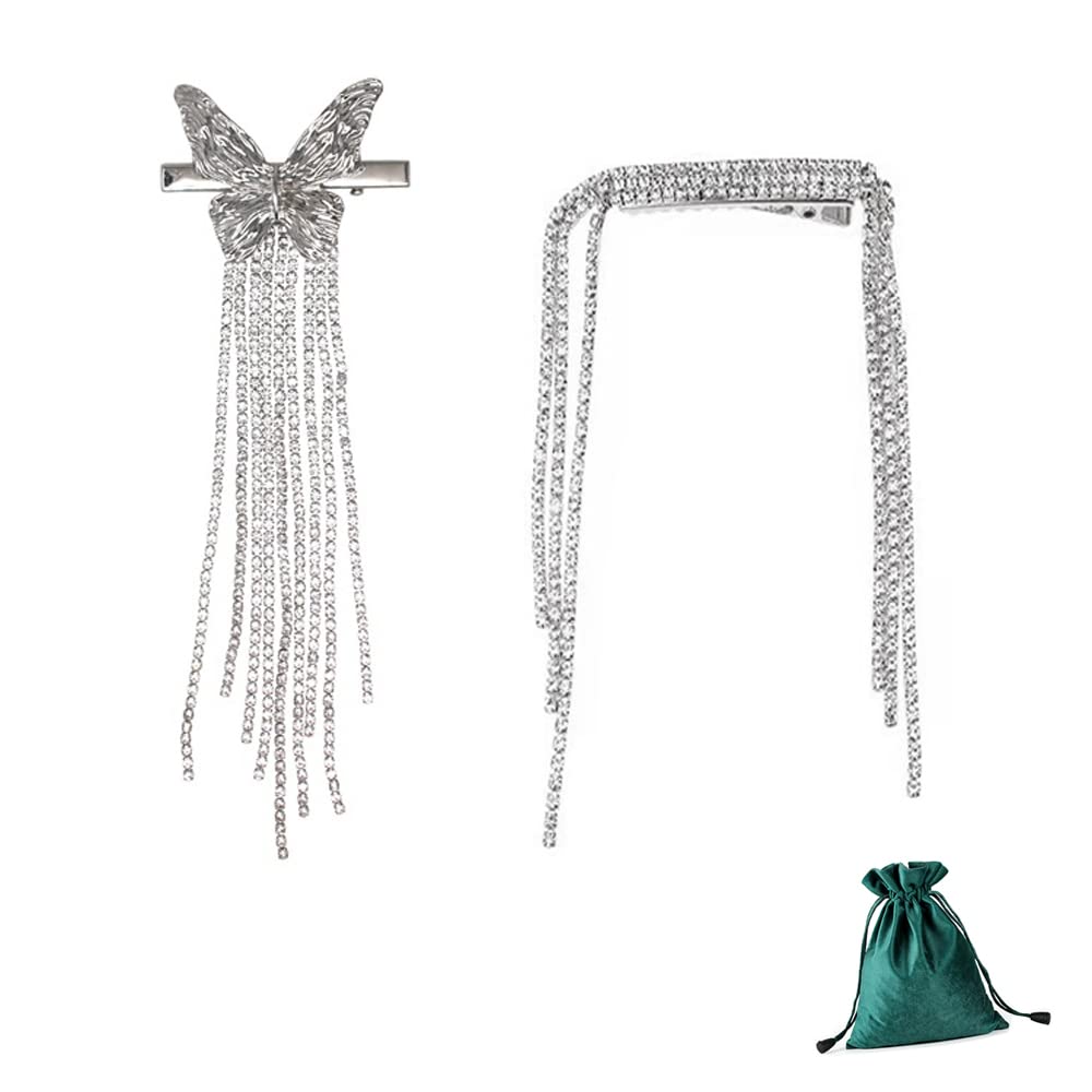 2 Pcs Rhinestone Butterfly Hair Clips - Sparkly Duckbill Hair Clips for Women & Girls, Fashionable Tassel Side Clips for Bangs & Hair Styling, Perfect for Parties, Weddings & Daily Wear