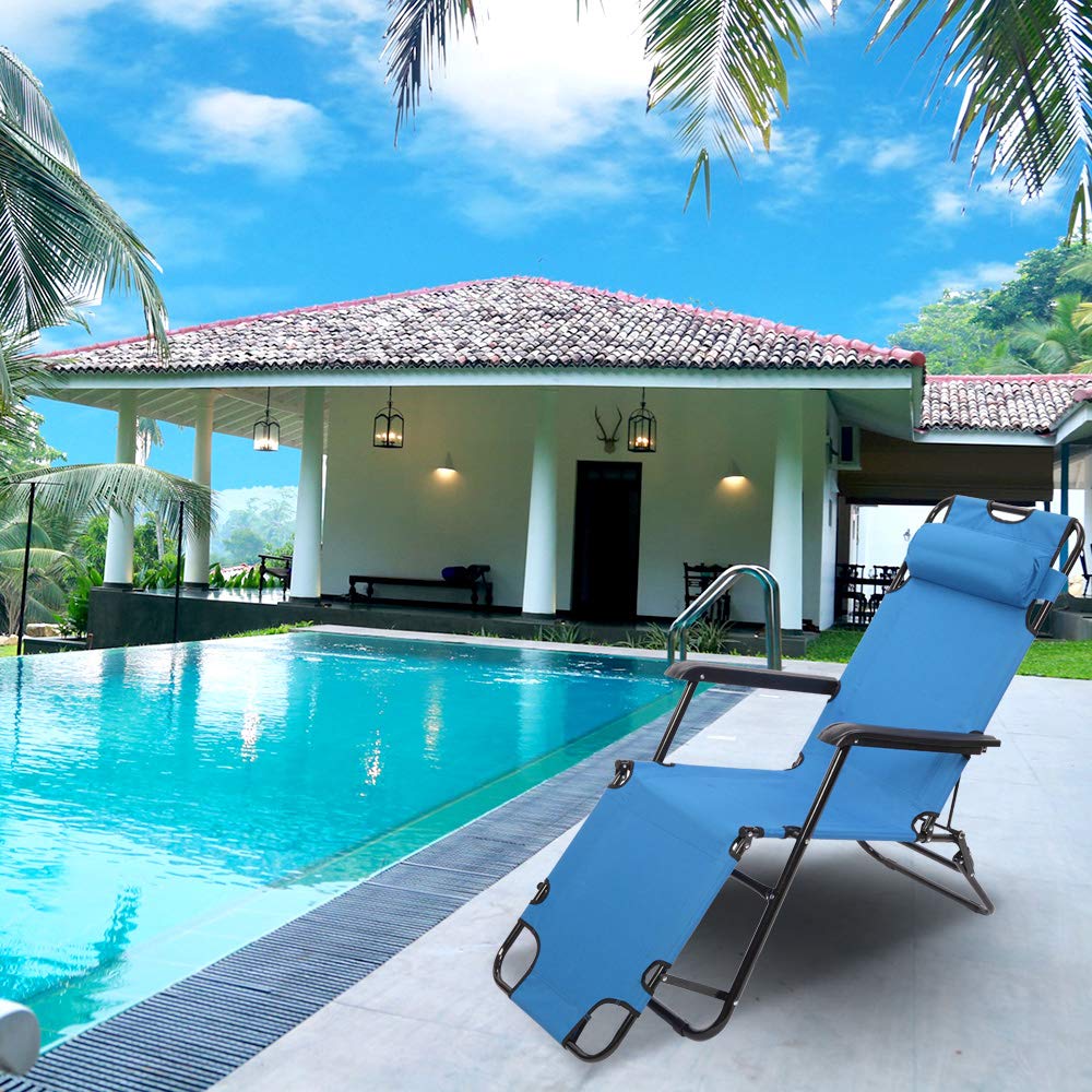 Adjustable Foldable Outdoor Lounge Chair - Portable Reclining Patio Chair for Beach, Pool, Garden & Backyard - Dual Purpose Extendable Folding Bench with Comfortable Cushion (Blue) - Perfect for Relaxing, Sunbathing and Outdoor Gatherings