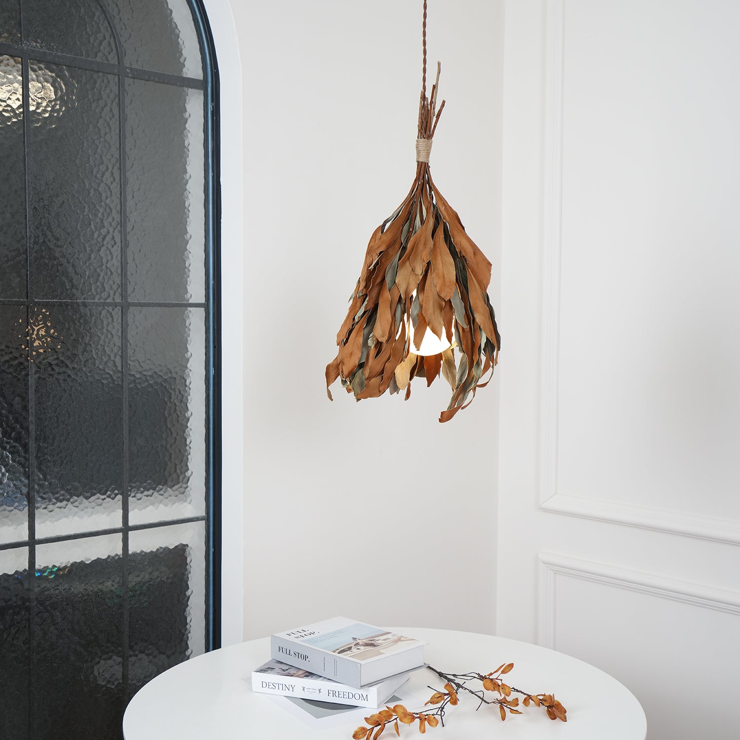 Handmade Dried Branch Leaf Pendant Light - Natural Boho Chandelier for Living Room, Bedroom & Dining Room Decor