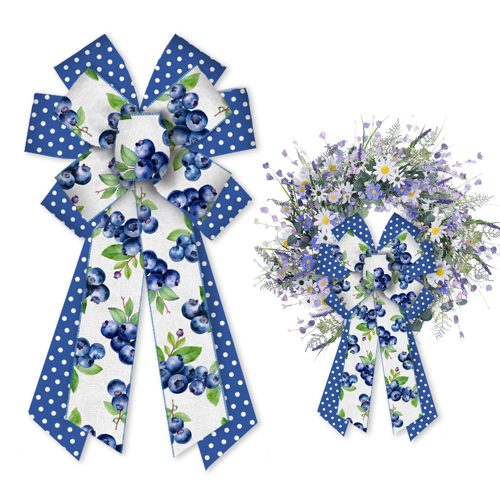 Blueberry Wreath Bows - Large Summer Fruit Decorations for Front Doors, Blue Polka Dot Burlap Bows - Perfect for Indoor/Outdoor Wreaths, Summer Porch Decor & Seasonal Home Decoration