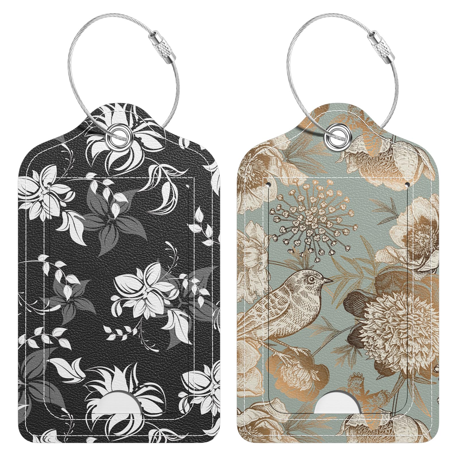 2 Pack PU Leather Luggage Tags for Suitcases - Waterproof Travel ID Tags with Privacy Flap & Metal Loop for Cruise, Airplane, Backpack, Handbag & School Bag - Elegant Floral Bird Design for Women & Men (Perfect for Travel, Business Trips & Vacation)
