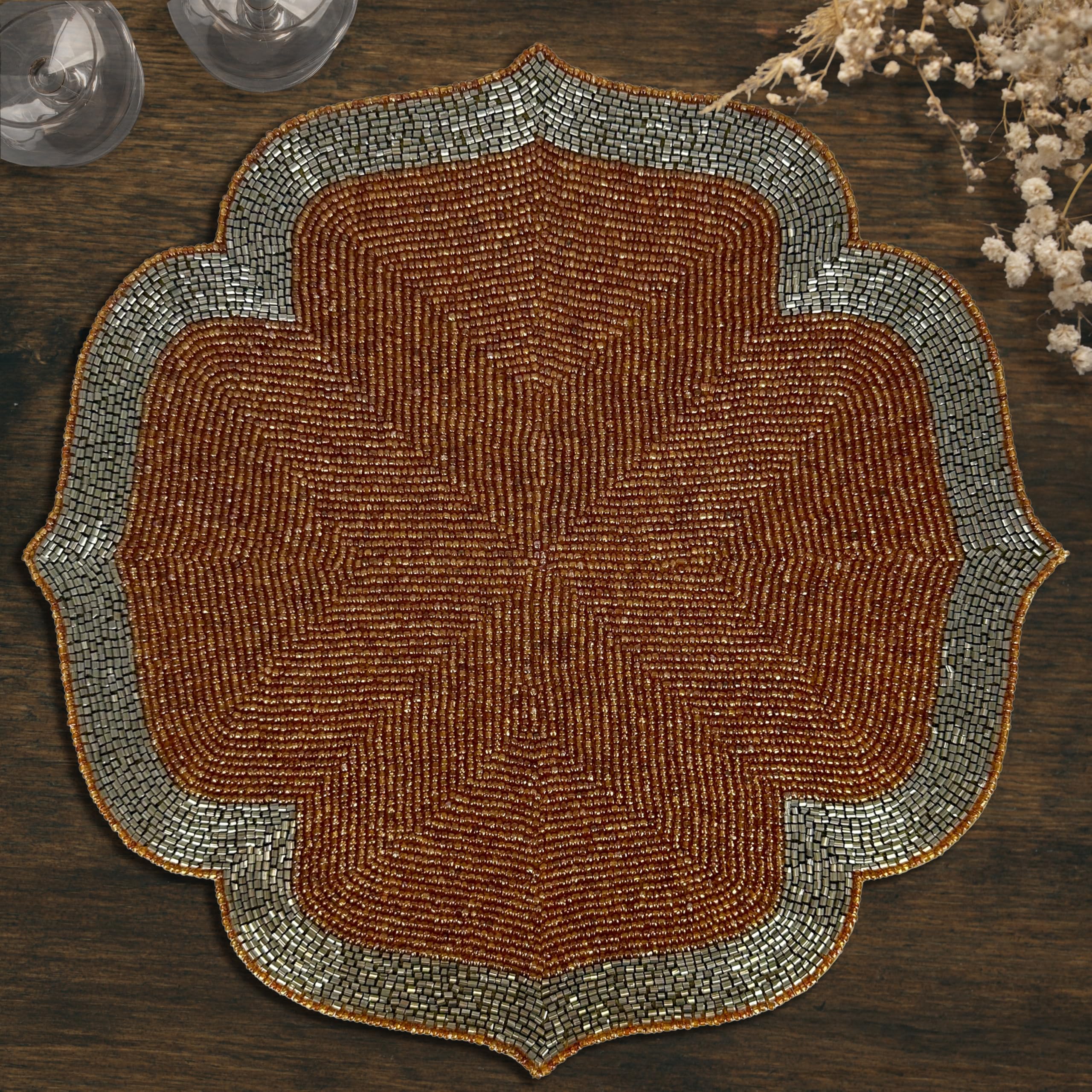 Decozen Beaded Placemats Set of 2 - 14 Inch Heat Resistant Charger Plates for Dining Table, Kitchen, Wedding & Party Decor - Burnt Orange & Silver - Perfect for Spring Home Decor, Valentine's Day & Birthday Celebrations