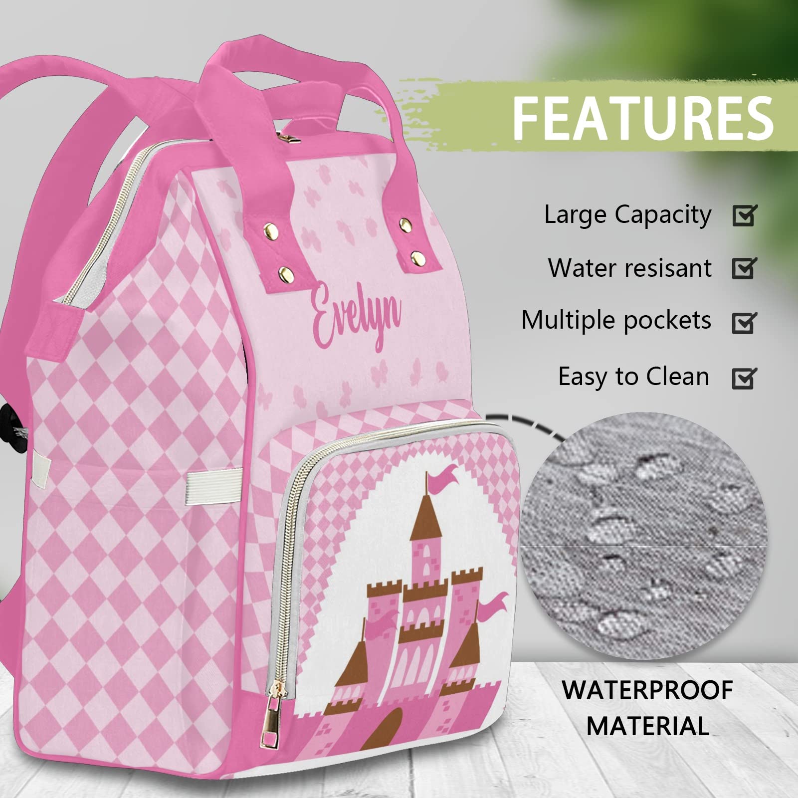 Custom Personalized Diaper Bag Backpack Tote - Princess Castle Pink Baby Shower Gift | Stylish & Functional Diaper Bag for Moms, Travel & Everyday Use