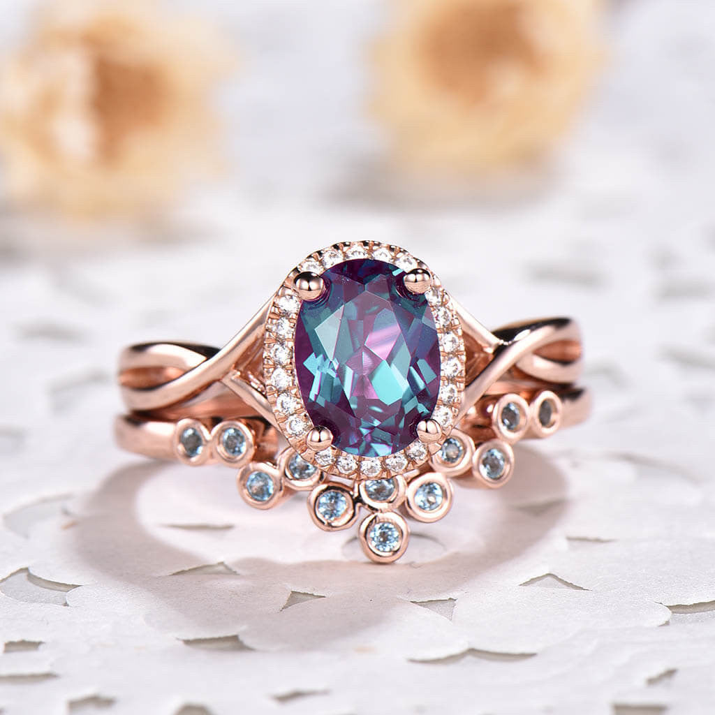 1.2 Carat Infinity Alexandrite & London Blue Topaz Engagement Ring Set with Matching Band - Perfect for Weddings, Anniversaries, and Special Occasions