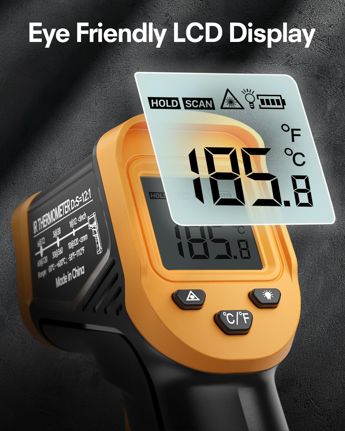Eventek Non-Contact Infrared Thermometer Gun -58°F to 1112°F (-50°C to 600°C) with Laser Pointer - Digital Temperature Gun for Cooking, HVAC, Automotive & Home Use - Perfect for Pizza Ovens, Grills, AC Units, Refrigerators, Engines & Kitchen Safety