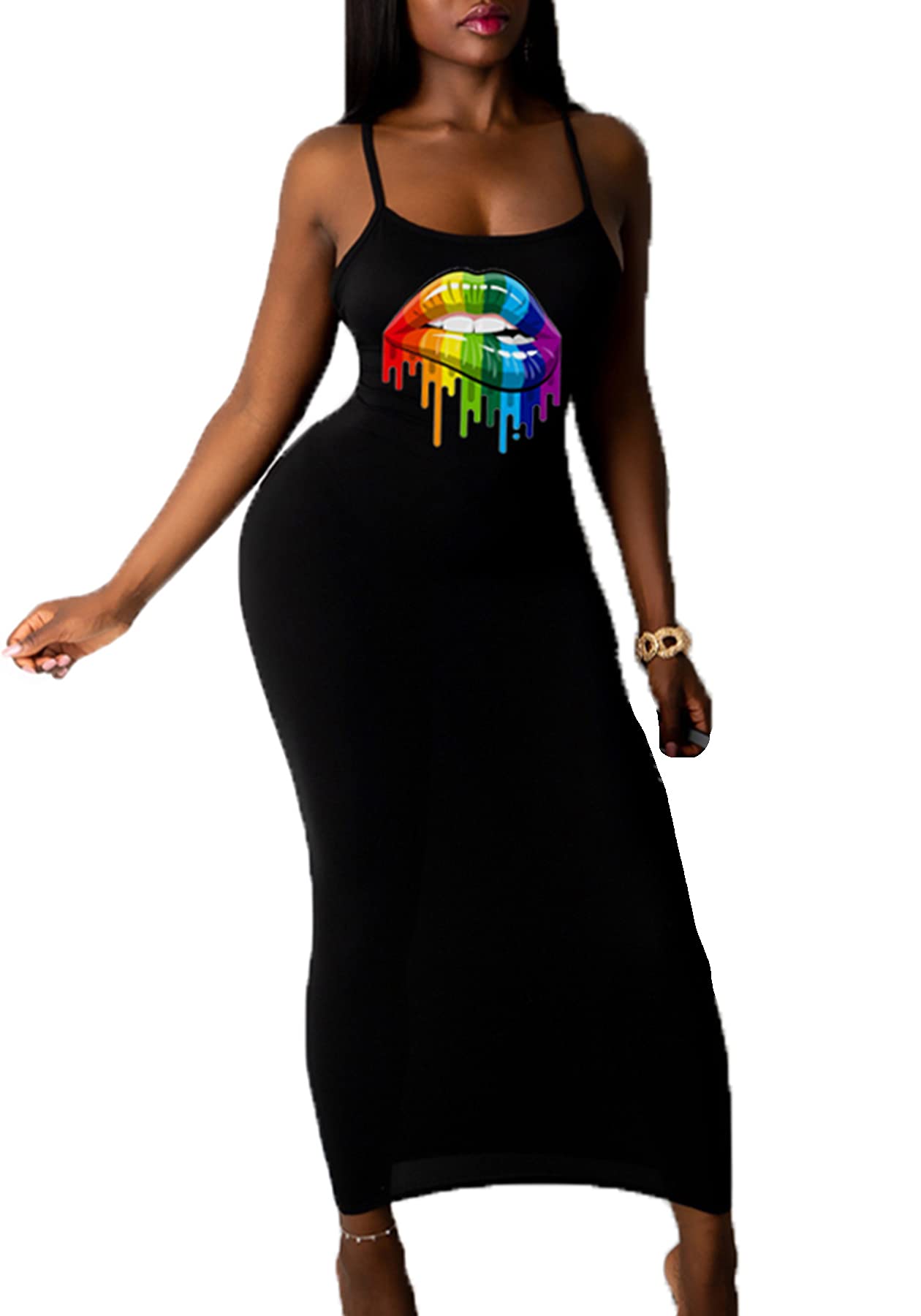 Voghtic Women's Sexy Spaghetti Strap Bodycon Party Dress - Sleeveless Lip Print Summer Long Dress for Night Out, Club, Date Night & Special Occasions