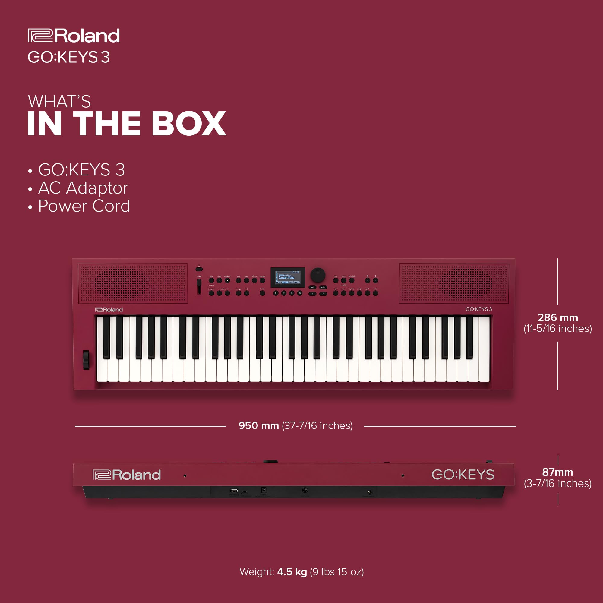 Roland GO:KEYS 3 61-Key Portable Music Keyboard with Built-In Stereo Speakers | Bluetooth Audio & MIDI Connectivity | Ideal for Home Studio, Live Performance & Music Learning - Dark Red